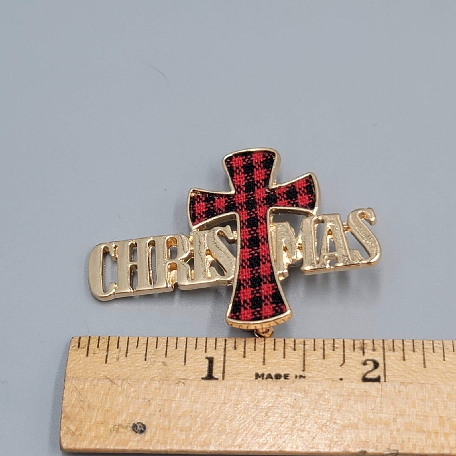 Vintage Christmas Brooch Plaid Flannel Cross Gold tone 2"