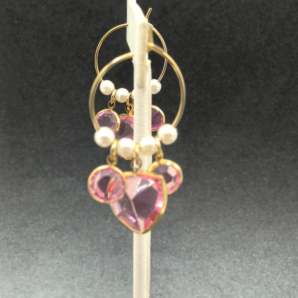 Pierced Earrings Gold tone Wire Faux Pearl Pink Faceted Acrylic Hoop 1 1/2"