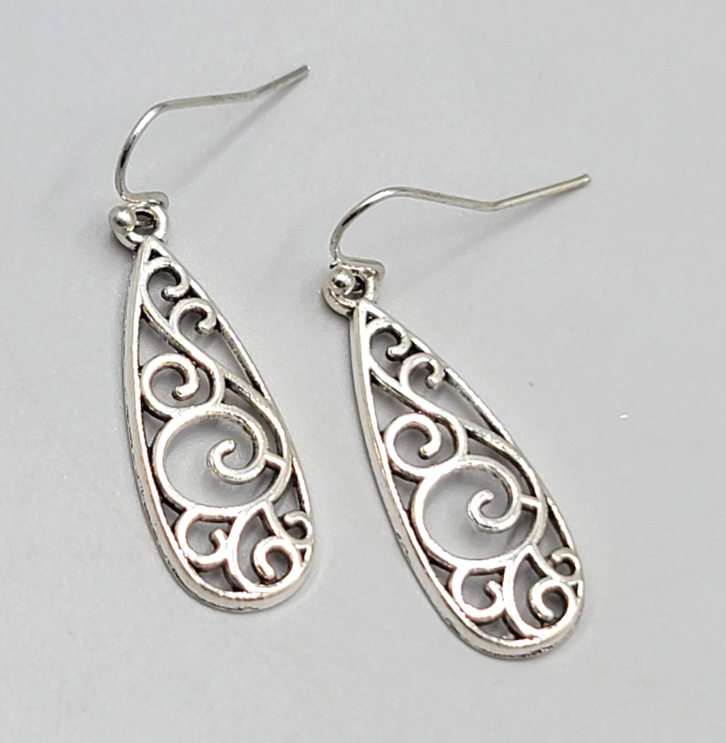 Open Filigree Long Teardrop Pierced Earrings Silver tone Dangle   1.25"