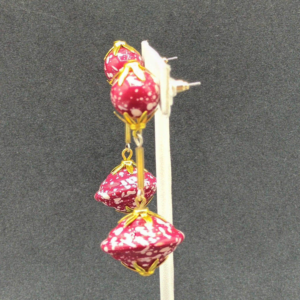 Vintage Pierced Earrings Gold tone Red White Acrylic Large Bead Dangle 2 1/2"