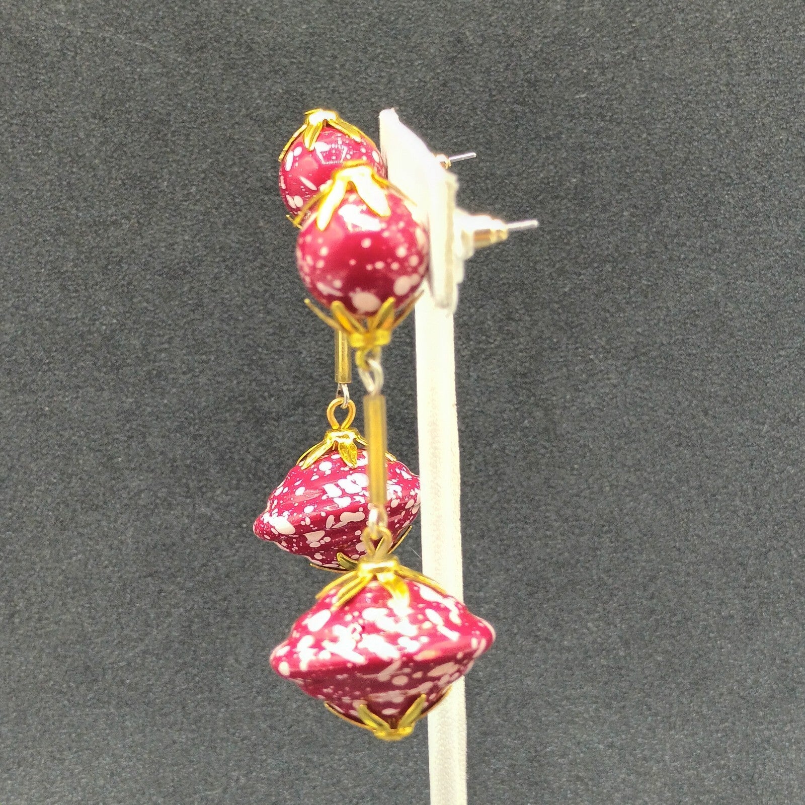 Vintage Pierced Earrings Gold tone Red White Acrylic Large Bead Dangle 2 1/2"