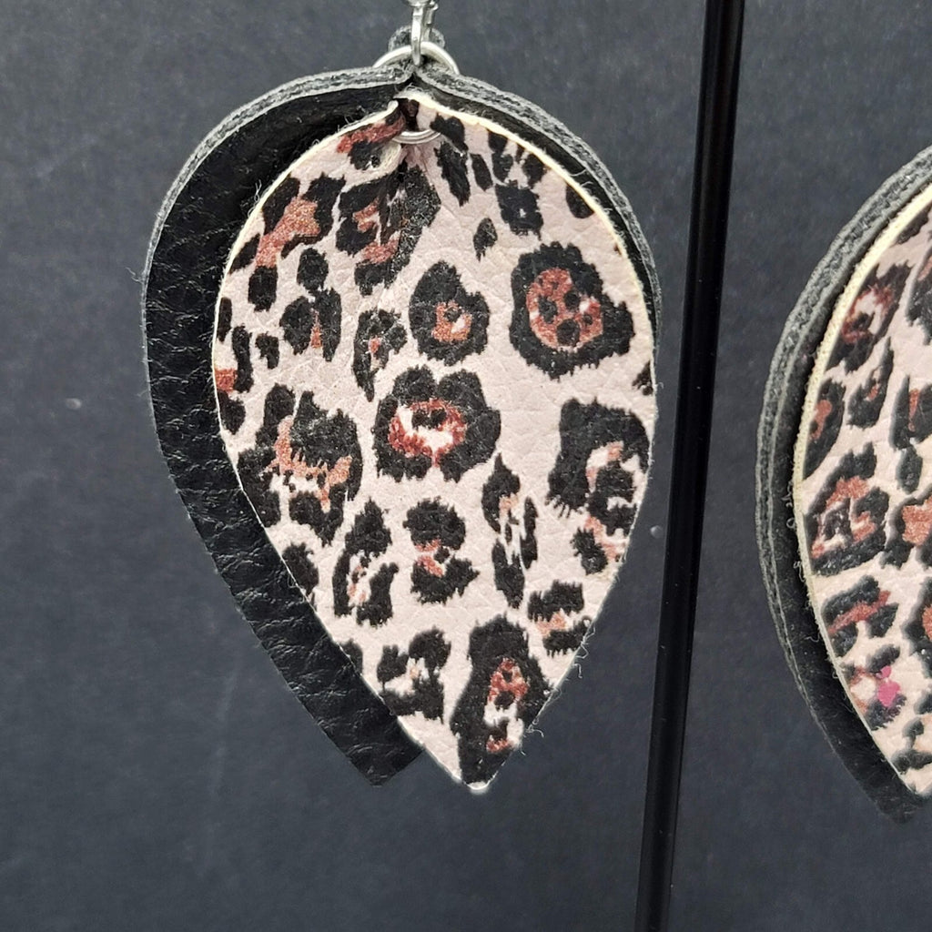 Pierced Earrings Faux Leather Leopard Print Layered Dangle 2.25"
