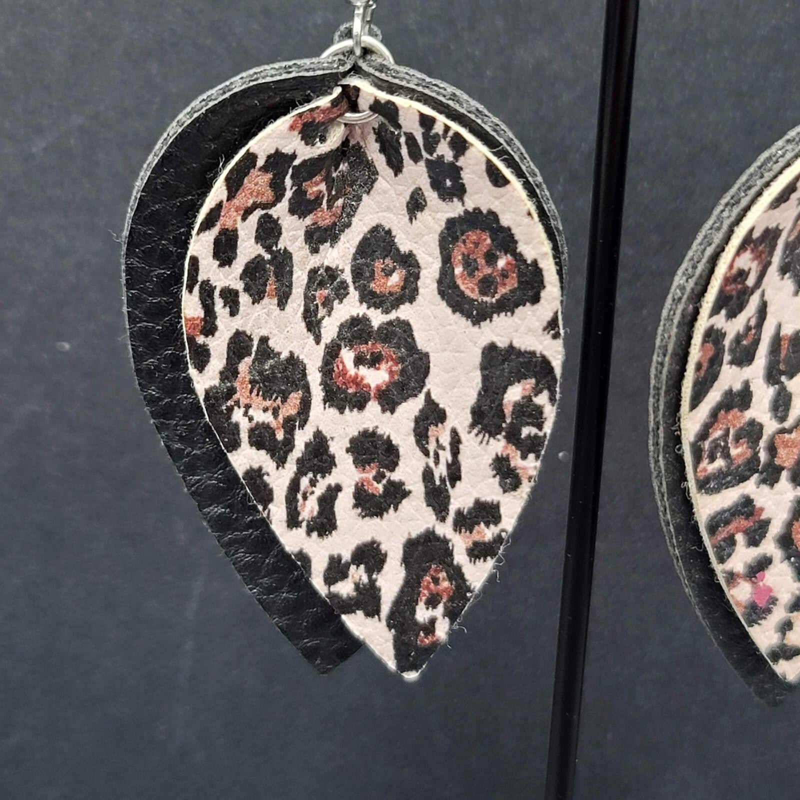 Pierced Earrings Faux Leather Leopard Print Layered Dangle 2.25"
