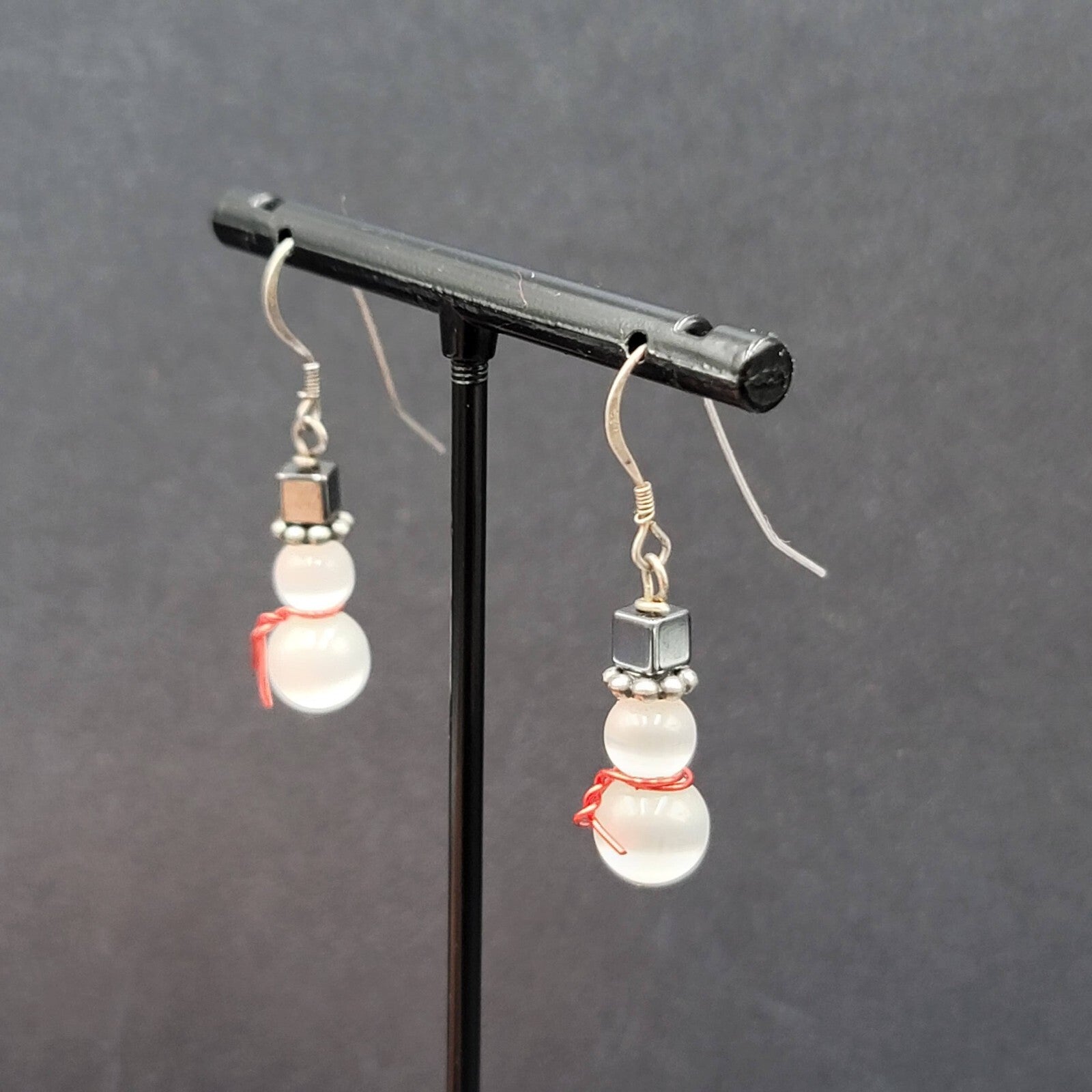 Snowman Pierced Earrings White Cats Eye Beads Hematite Hat Dangle 7/8"