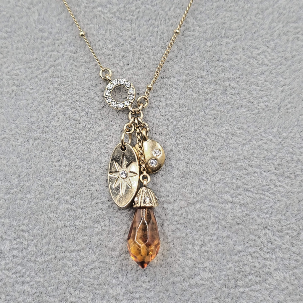 Monet Charm Pendant Necklace Gold tone Crystal 16"-18"