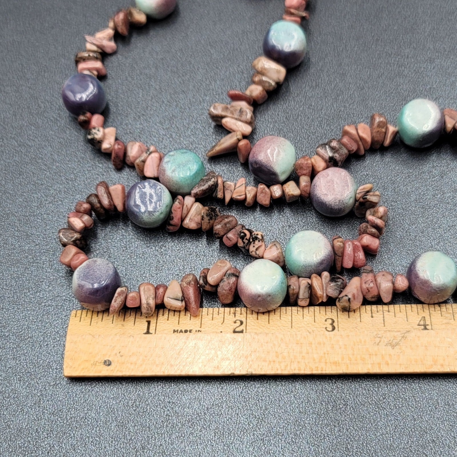 Pink Agate Stone and Pottery Art Bead Necklace 26" Barrel Clasp Artisan