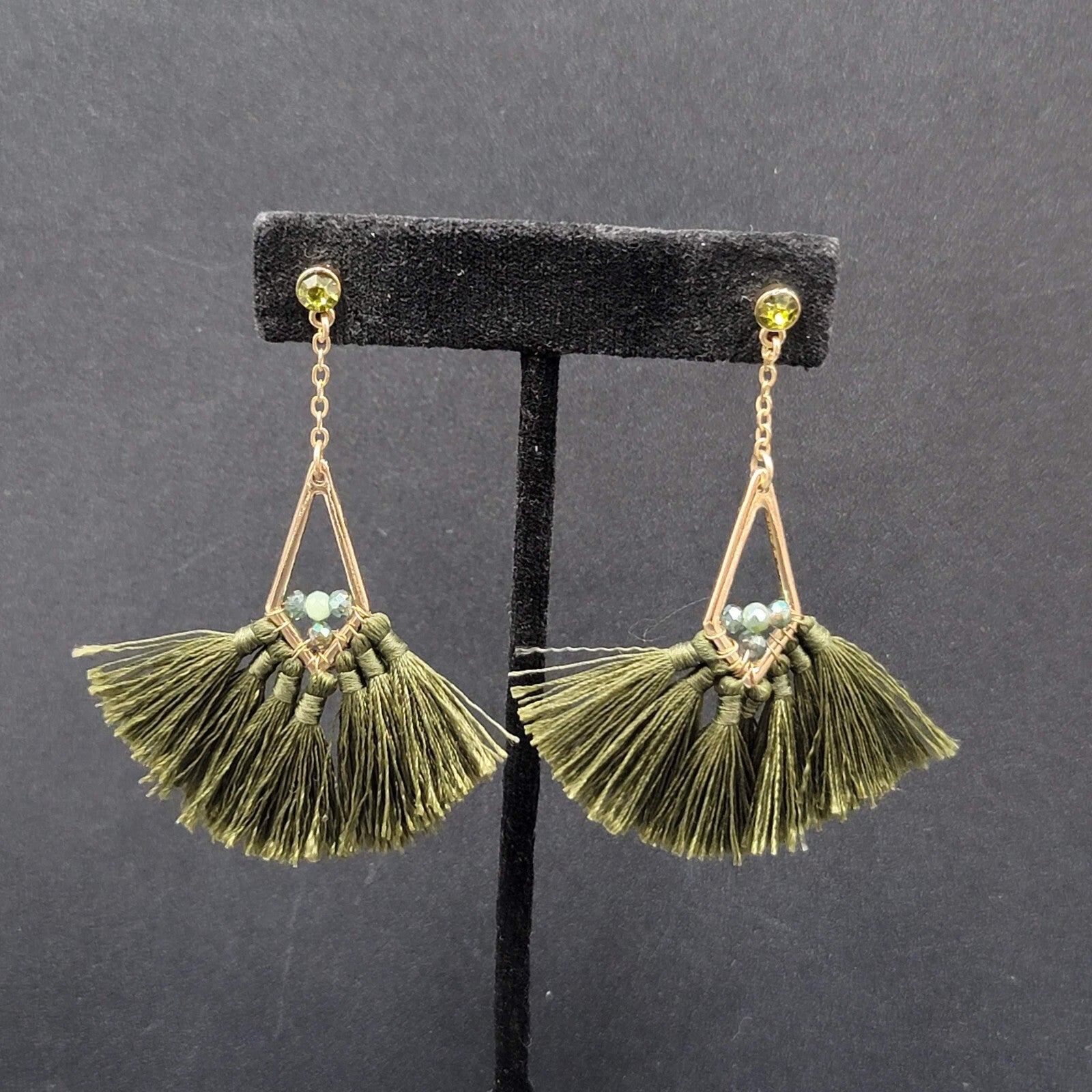 Pierced Earrings Gold tone Green Rhinestone Tassel Dangle 3"