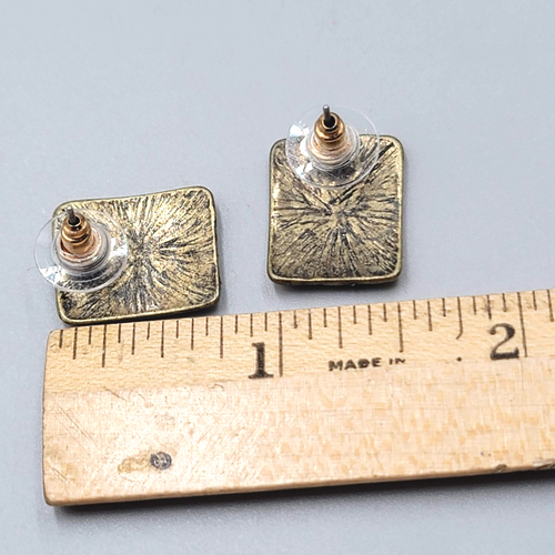 Bronze tone Hammered Metal Drop Pierced Earrings Rectangle 3/4"