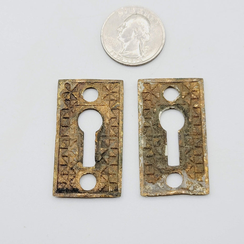 Set of 2  Vintage Oval Brass Skeleton Key hole Escutcheon Salvage Lot PAIR