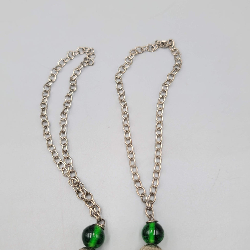 Green Glass Bead Curtain Tie Backs Set of 2 Silver tone Chain