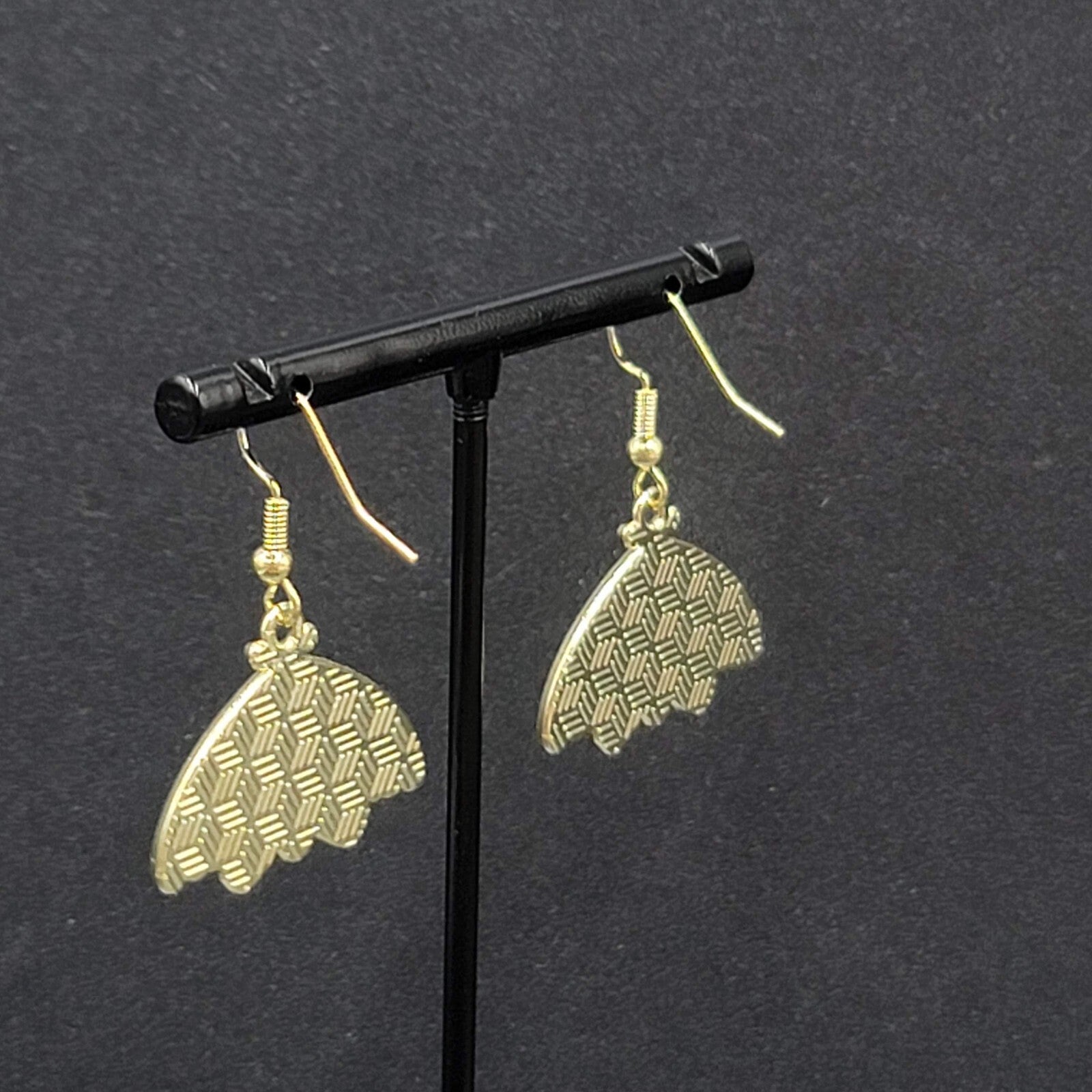 Moth Pierced Earrings Gold tone Yellow Black Enamel Dangle 3/4"