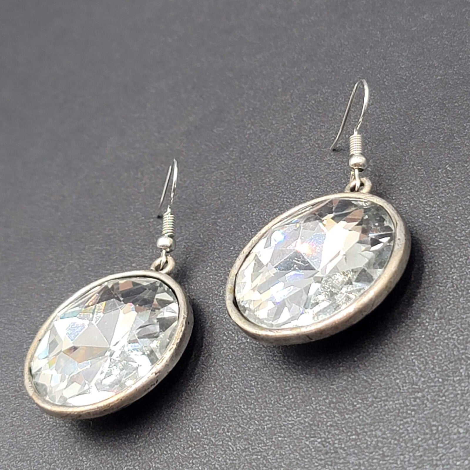 Pierced Earrings Silver tone Faceted Glass Extra Sparkly Dangle 1.25"
