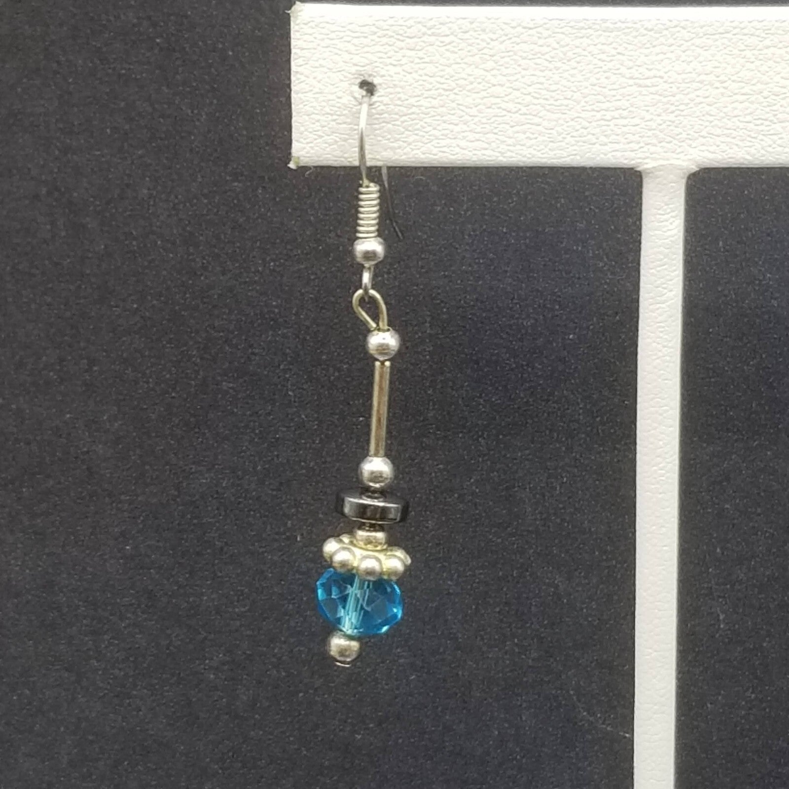 Pierced Earrings Silver tone Blue Faceted Crystal Hematite Bead Dangle 1 1/4"