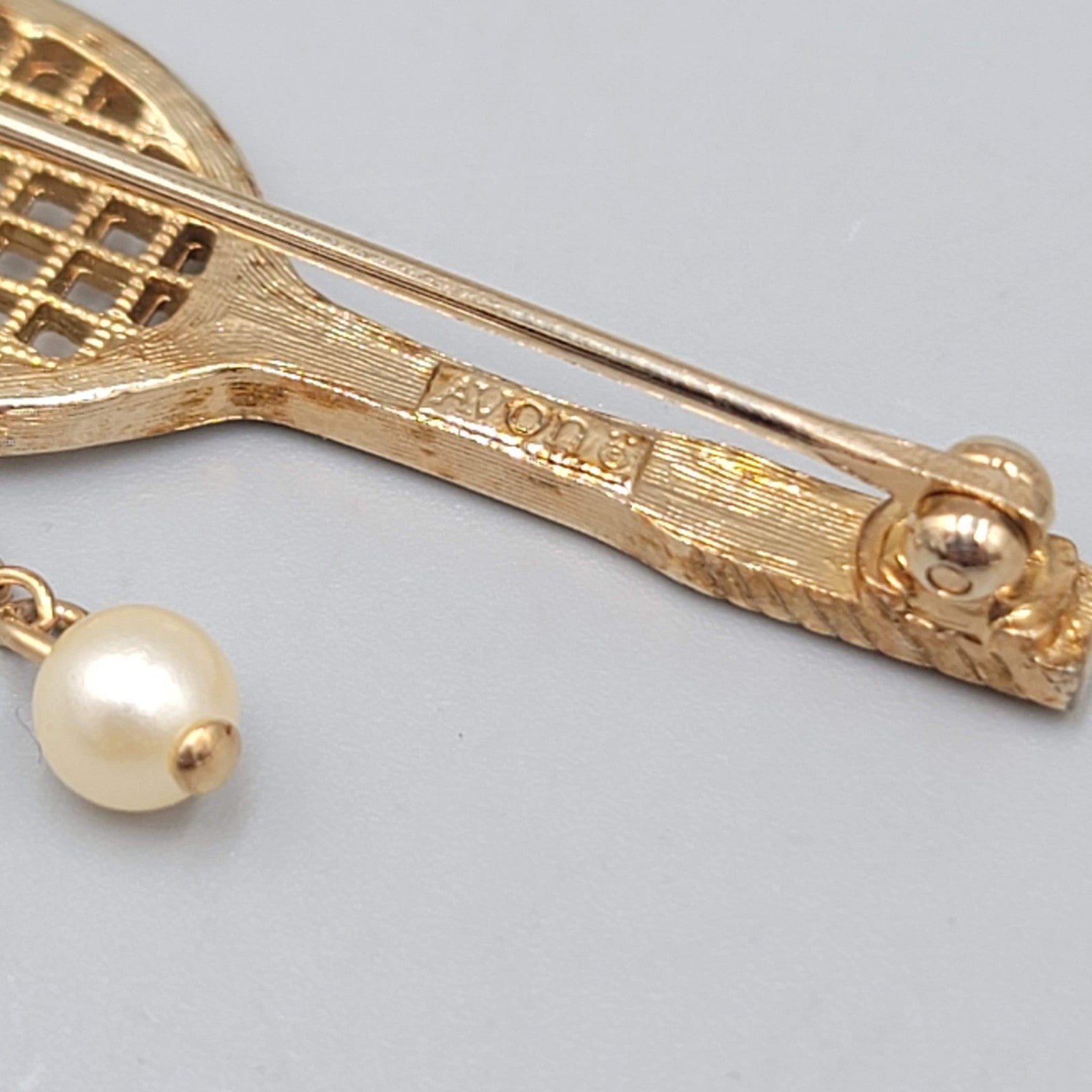 Vintage Avon Tennis Racquet Brooch Faux Pearl Dangle Gold tone 