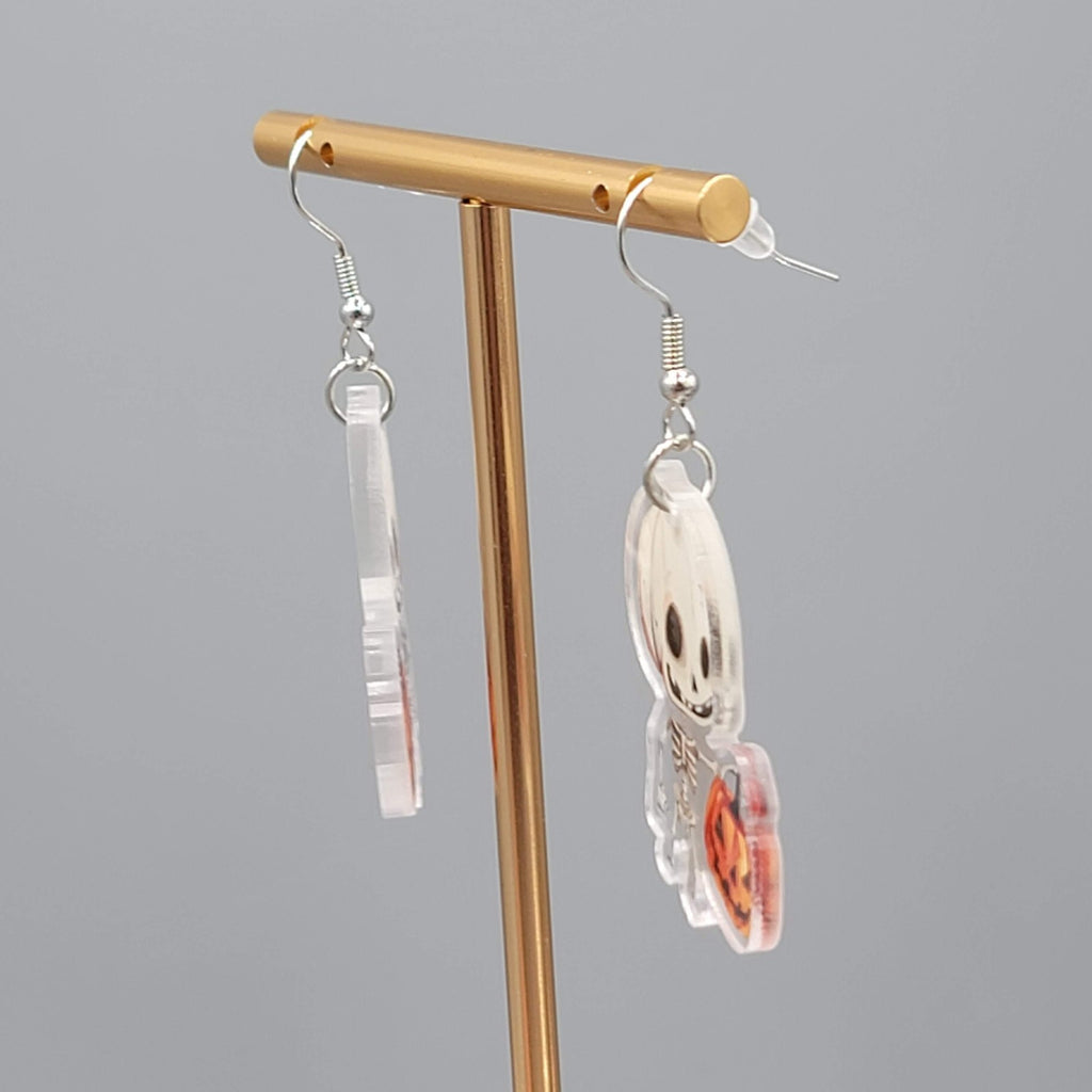 Halloween Trick or Treat Skeleton Pierced Earrings Silver tone Dangle 1.5 in
