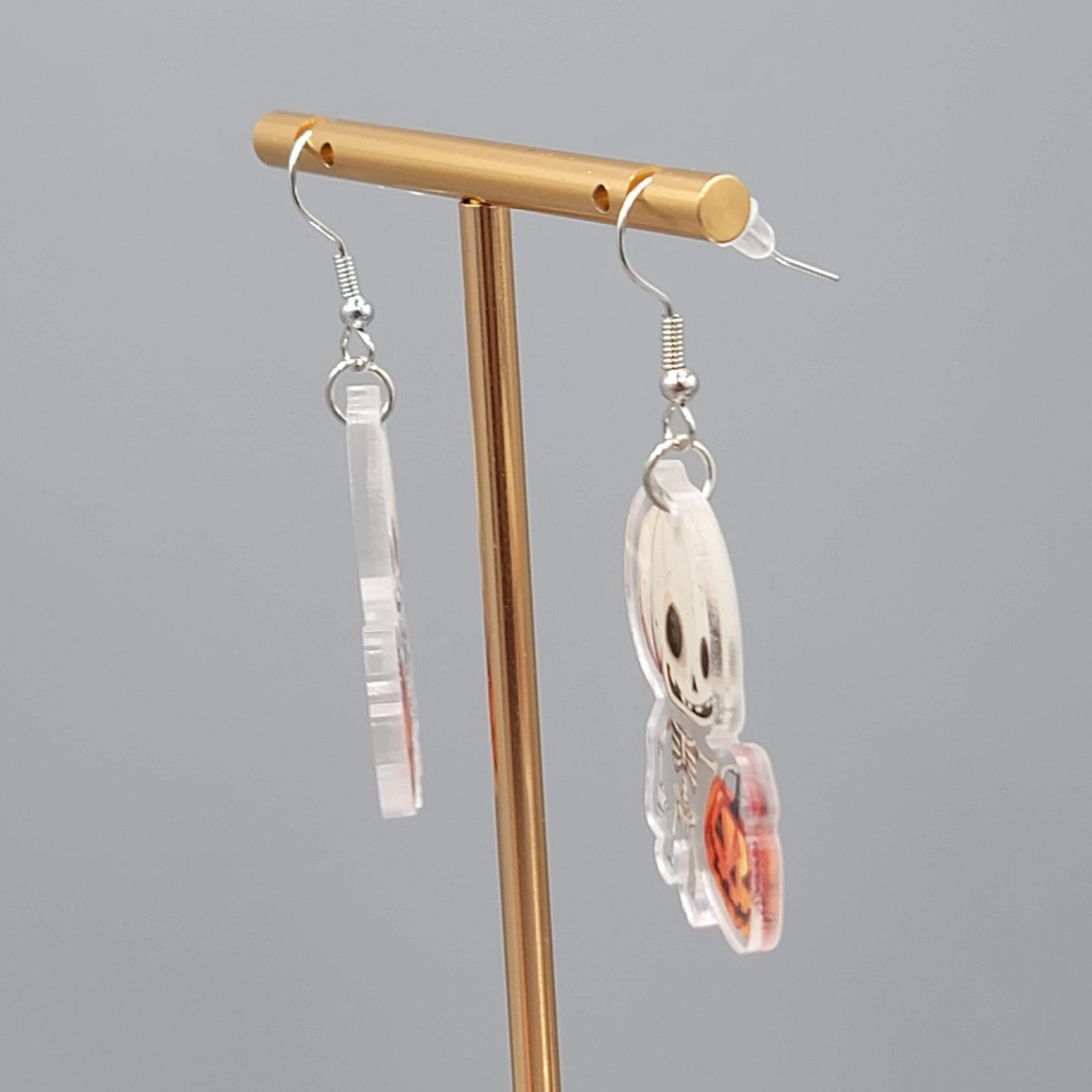 Halloween Trick or Treat Skeleton Pierced Earrings Silver tone Dangle 1.5 in