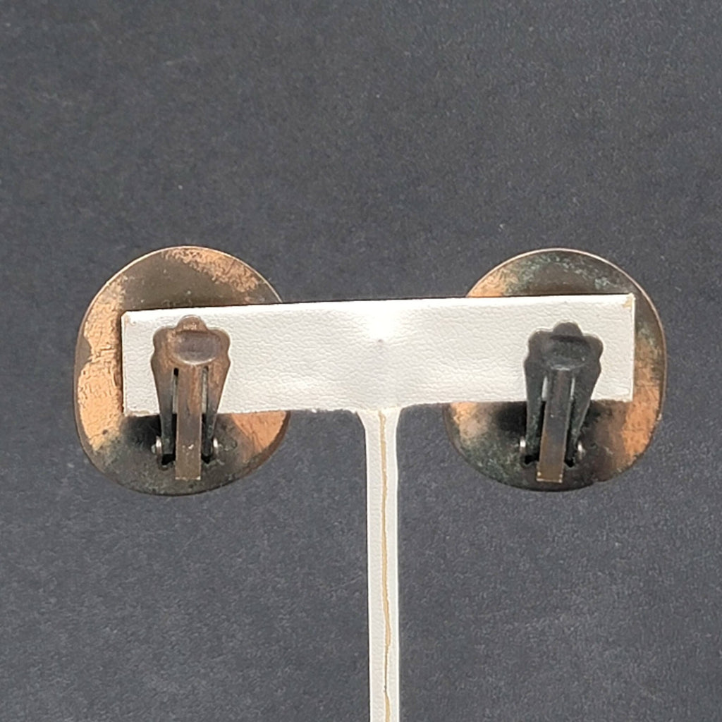 Vintage Clip on Earrings Copper Plated Mother of Pearl Accents Modernist 1.25"