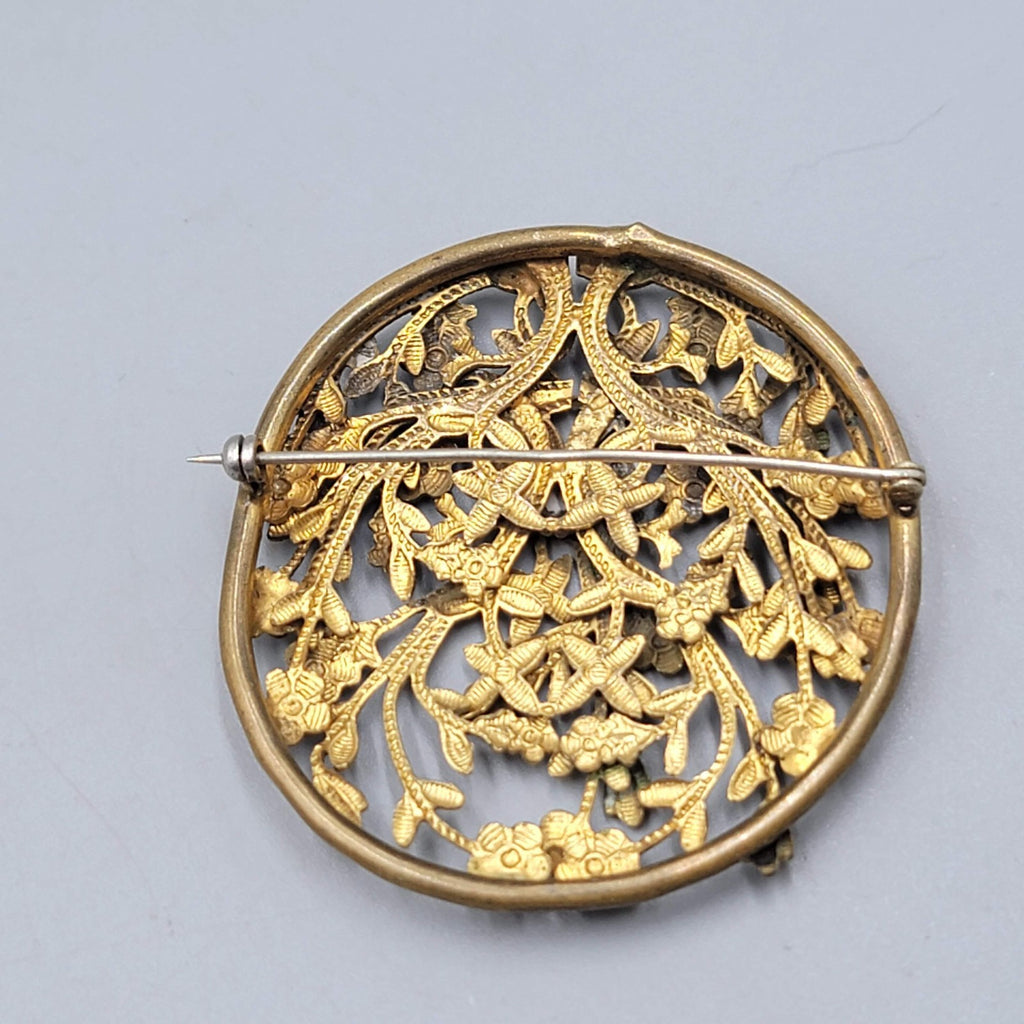 Vintage Antique Filigree Flower Brooch Gold tone 2.25 in