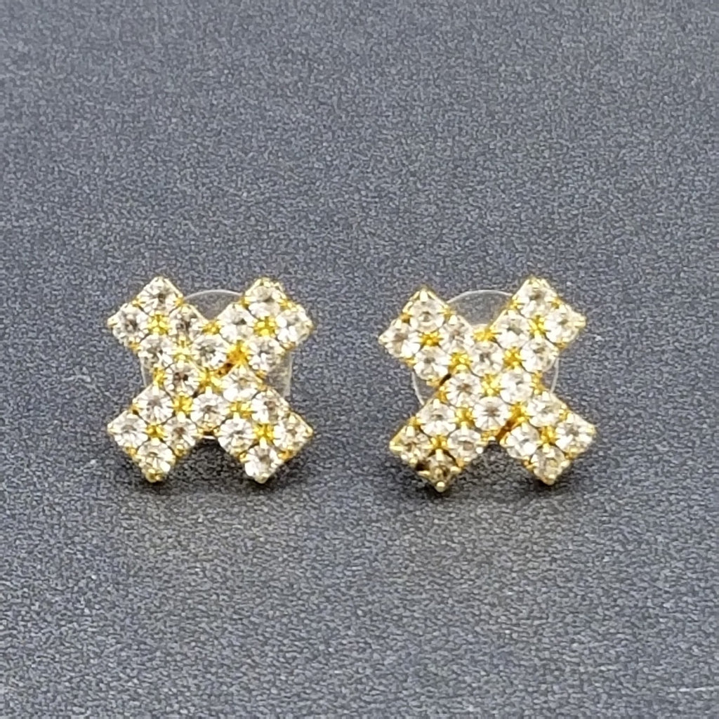 Pierced Earrings Gold tone Crystal X Statement Stud 1/2"