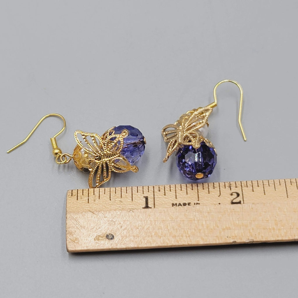 Vintage Angel Pierced Earrings Purple bead Gold tone Dangle  1"
