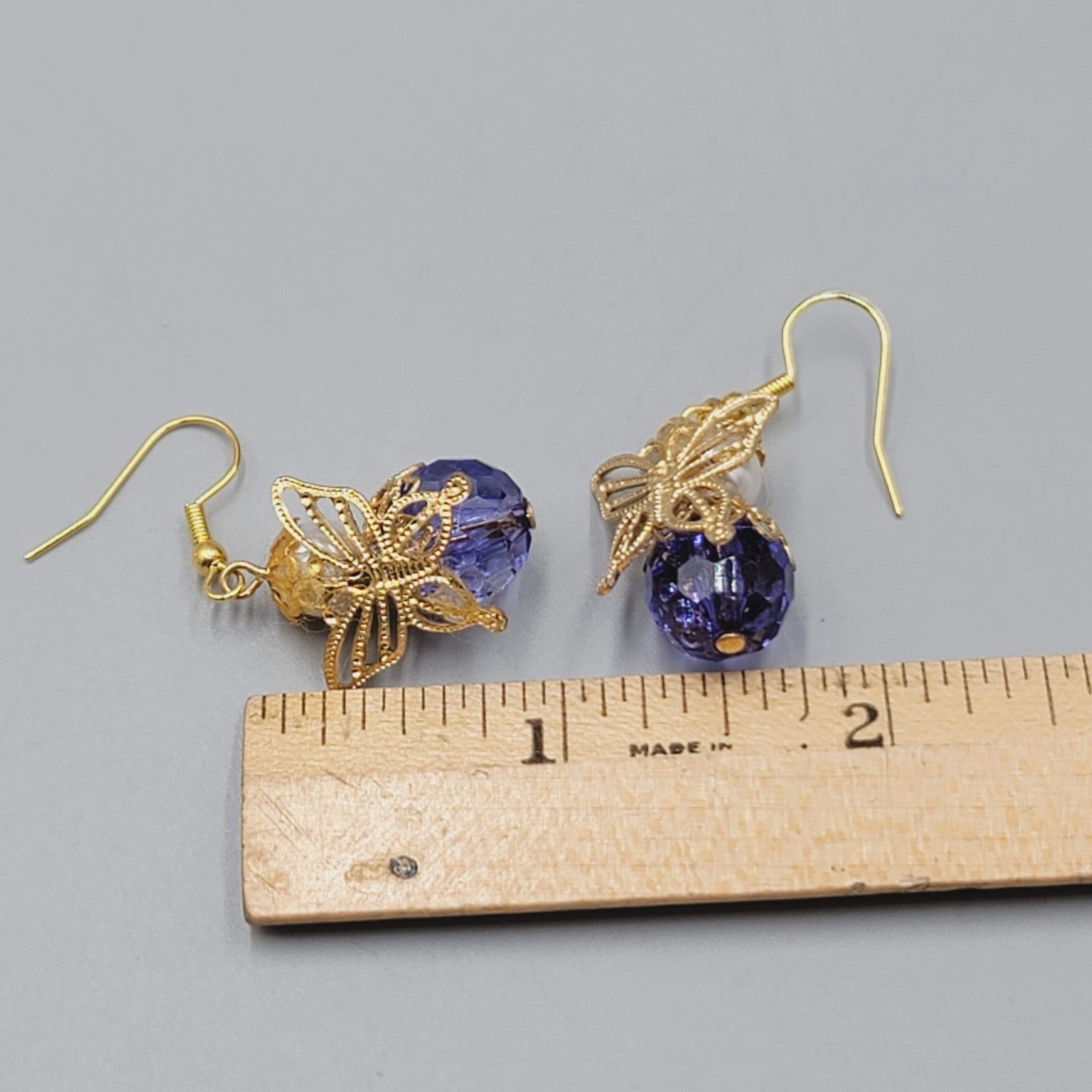 Vintage Angel Pierced Earrings Purple bead Gold tone Dangle  1"