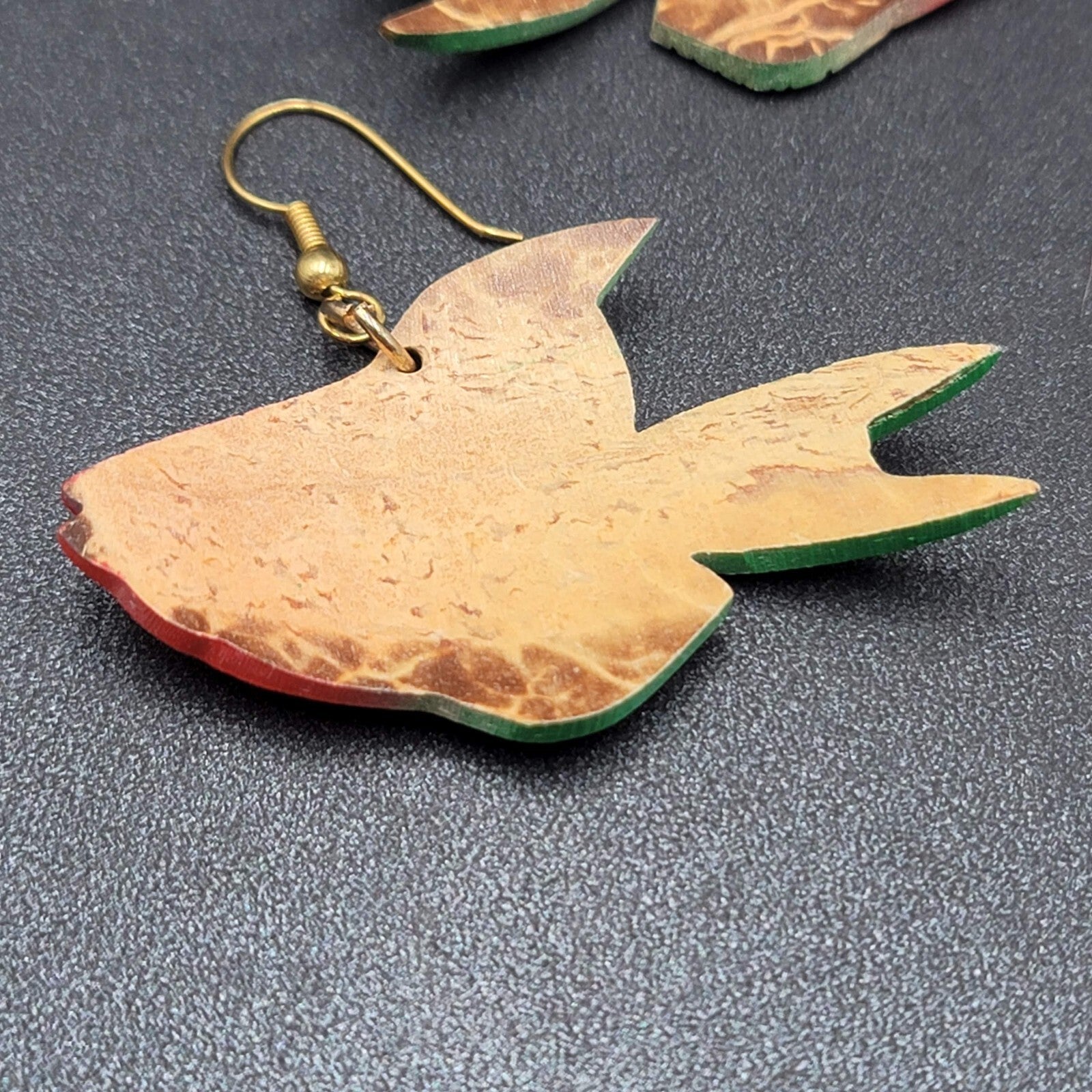 Vintage Pierced Earrings Coconut Shell Carved Fish Painted 2"
