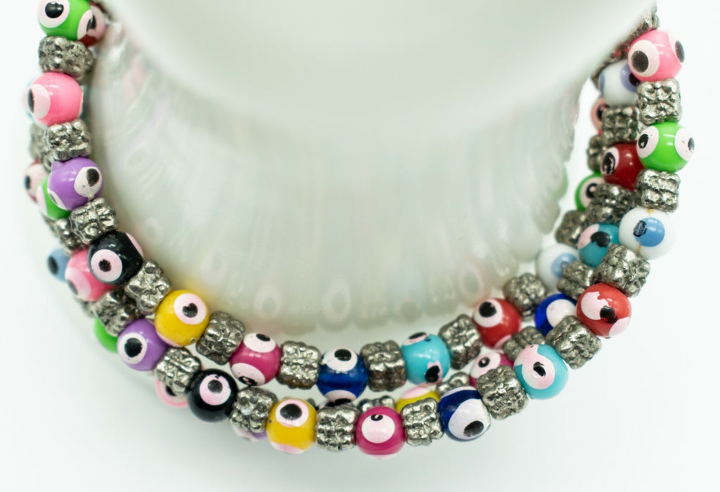Evil Eye Bracelet Glass Bead Memory Wire Multi Color Silver tone