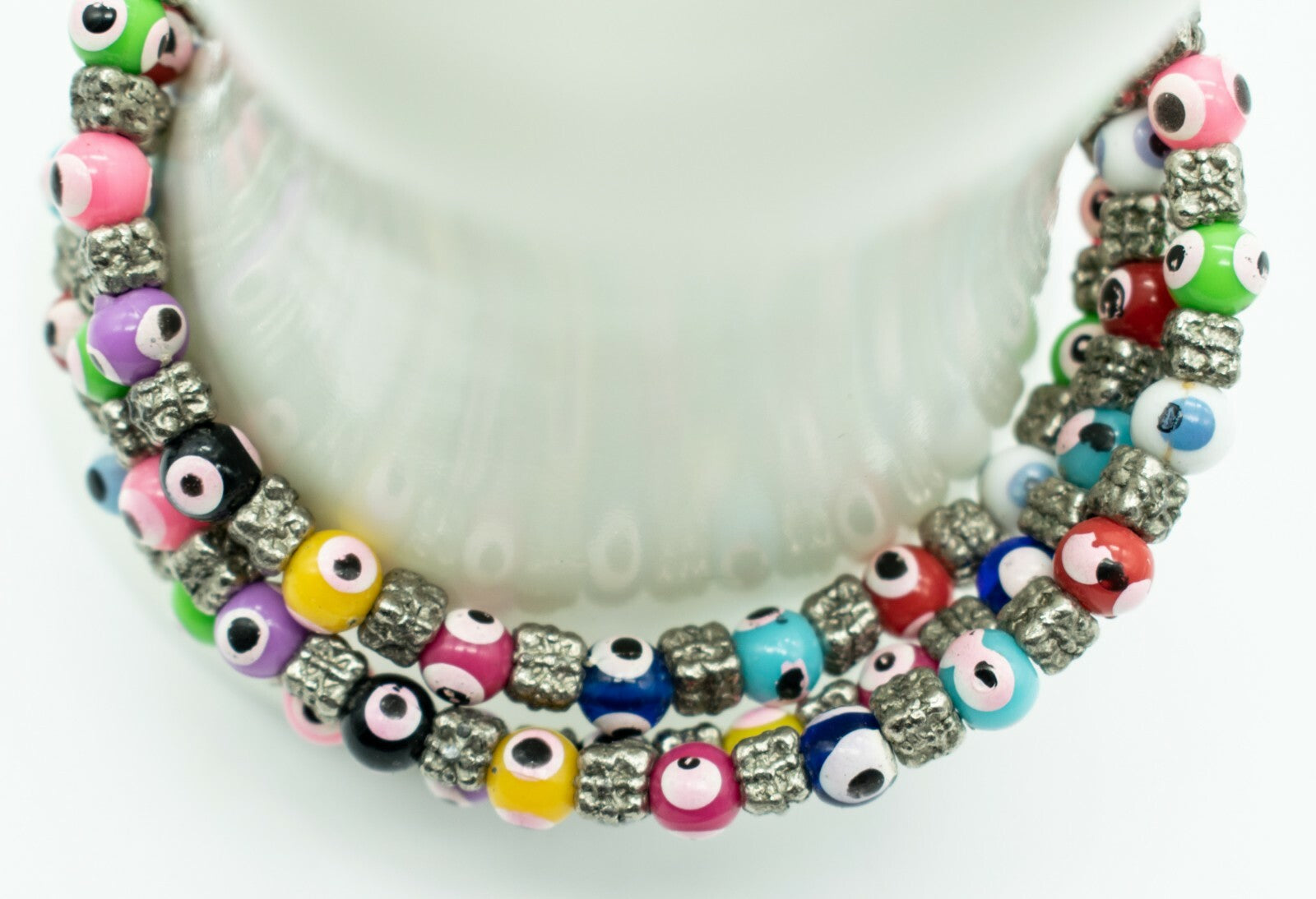 Evil Eye Bracelet Glass Bead Memory Wire Multi Color Silver tone