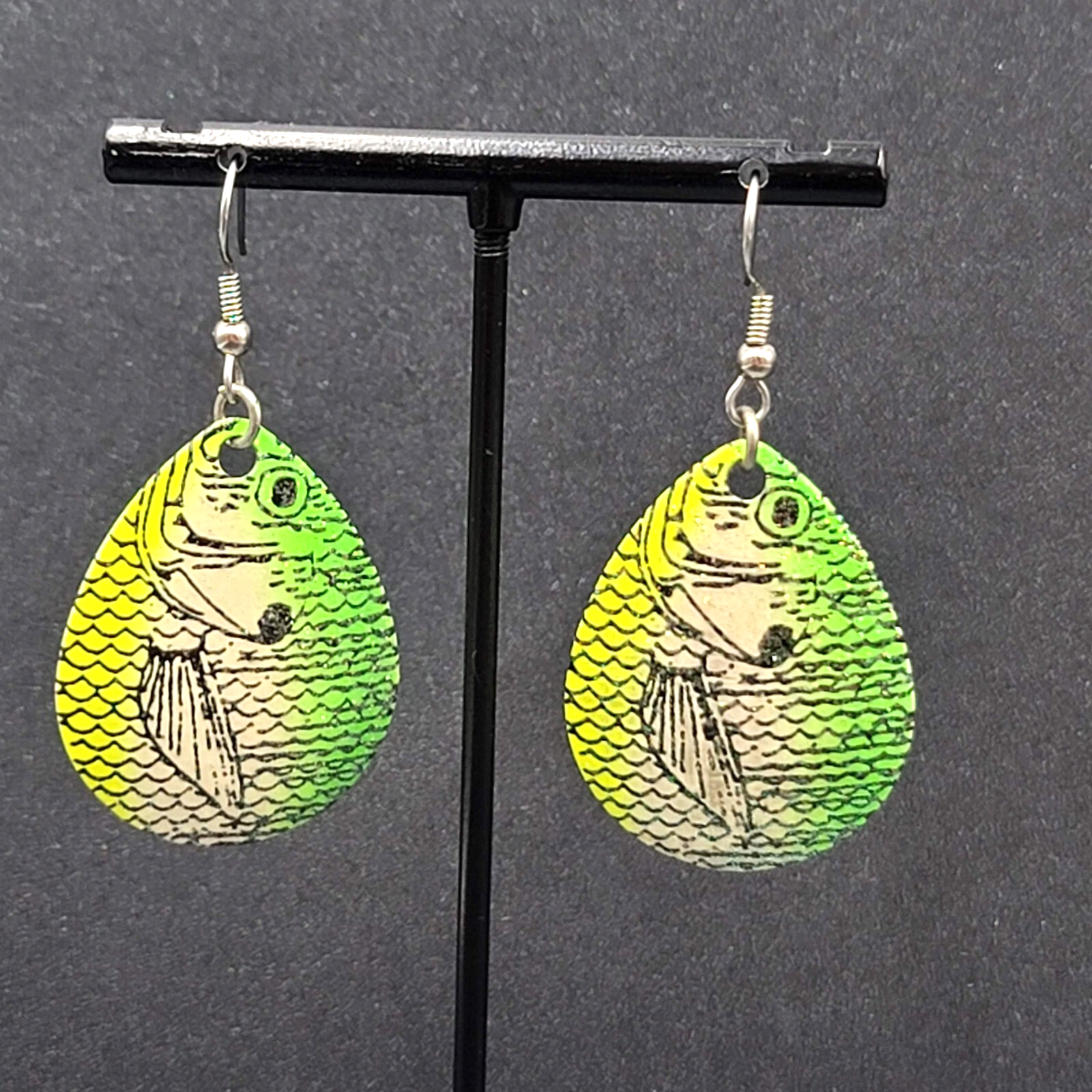 Fishing Lure Pierced Earrings Neon Green Yellow Teardrop Fish Dangle 1.5"