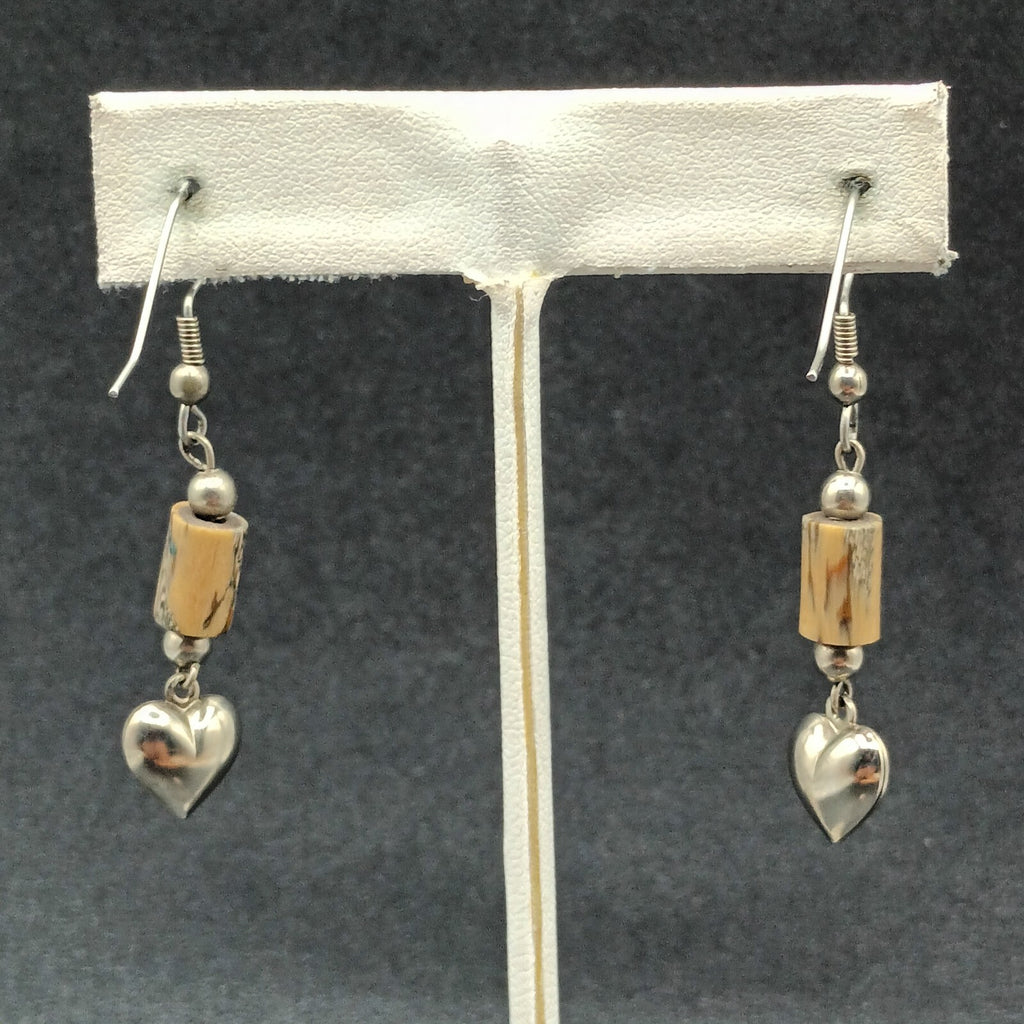 Pierced Earrings Silver tone Heart Acrylic Beaded Dangle 1 1/4"