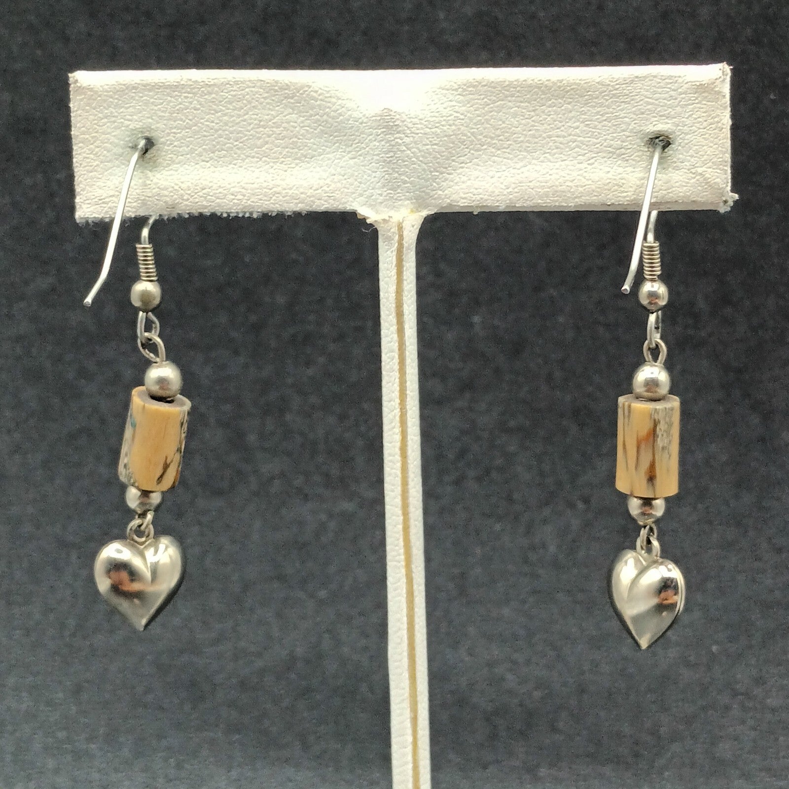 Pierced Earrings Silver tone Heart Acrylic Beaded Dangle 1 1/4"