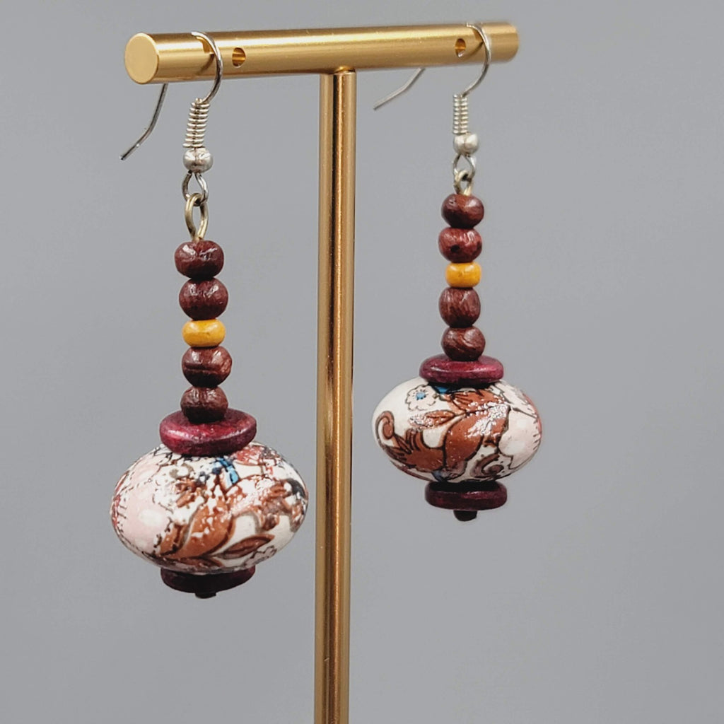 Beaded Pierced Earrings Wood Flower Bead Dangle 1 5/8"