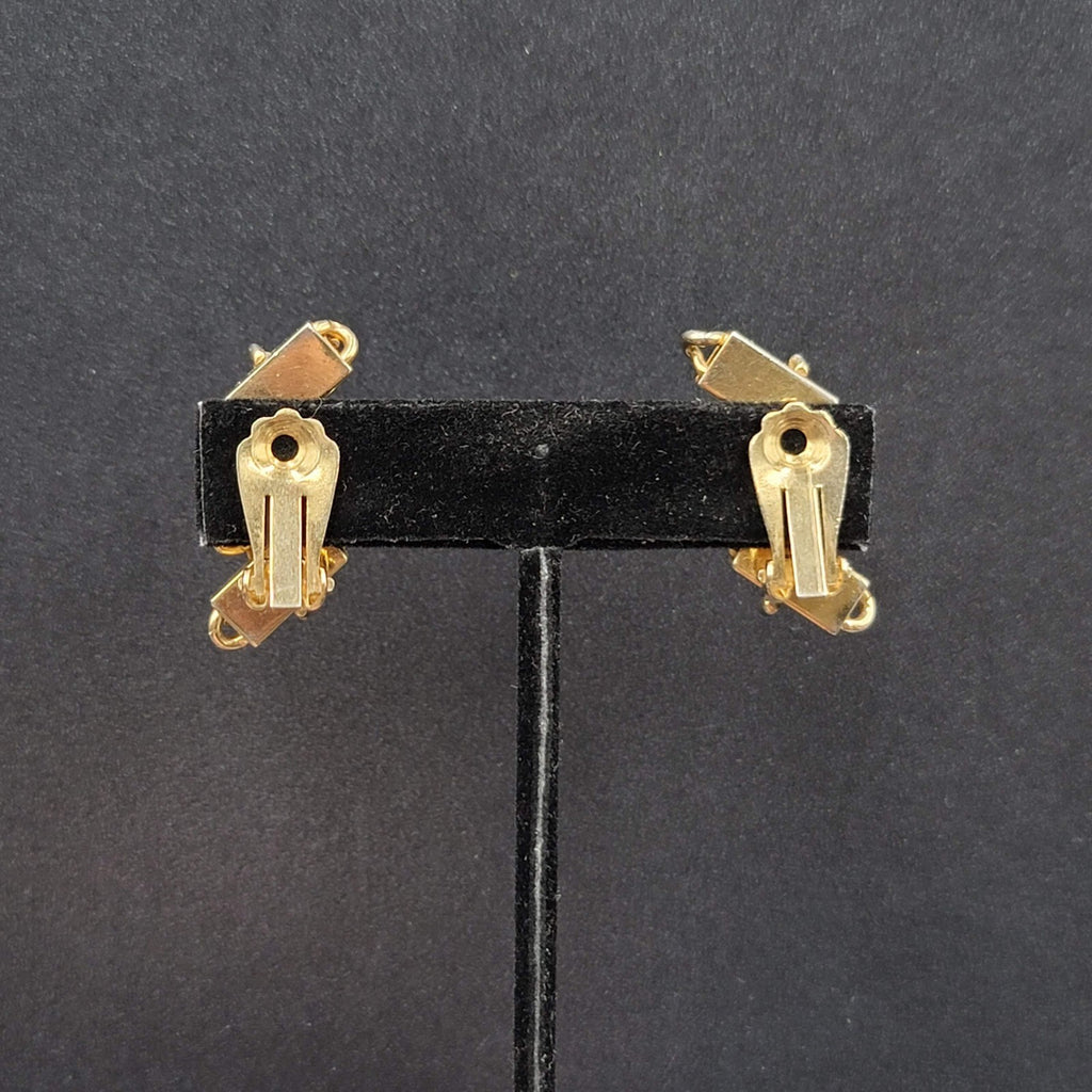 Vintage Clip on Earrings Gold tone Blue Enamel Red Rhinestone Climber 1 3/8"