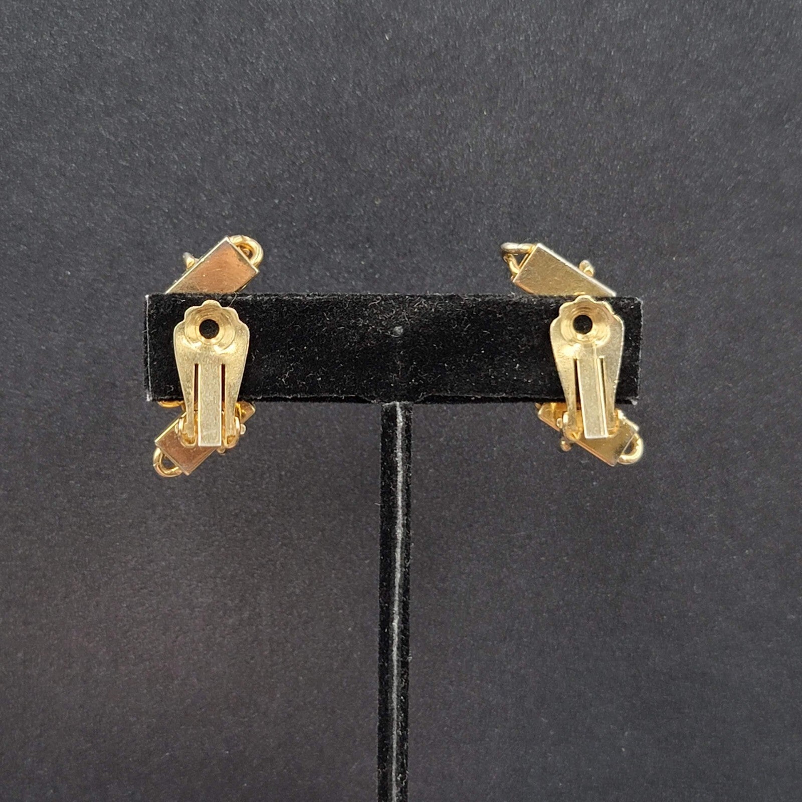 Vintage Clip on Earrings Gold tone Blue Enamel Red Rhinestone Climber 1 3/8"