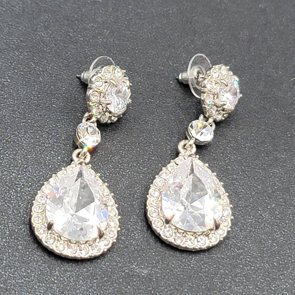 Pierced Earrings Silver tone Large Rhinestone Signed Wedding Prom Well Made 2"