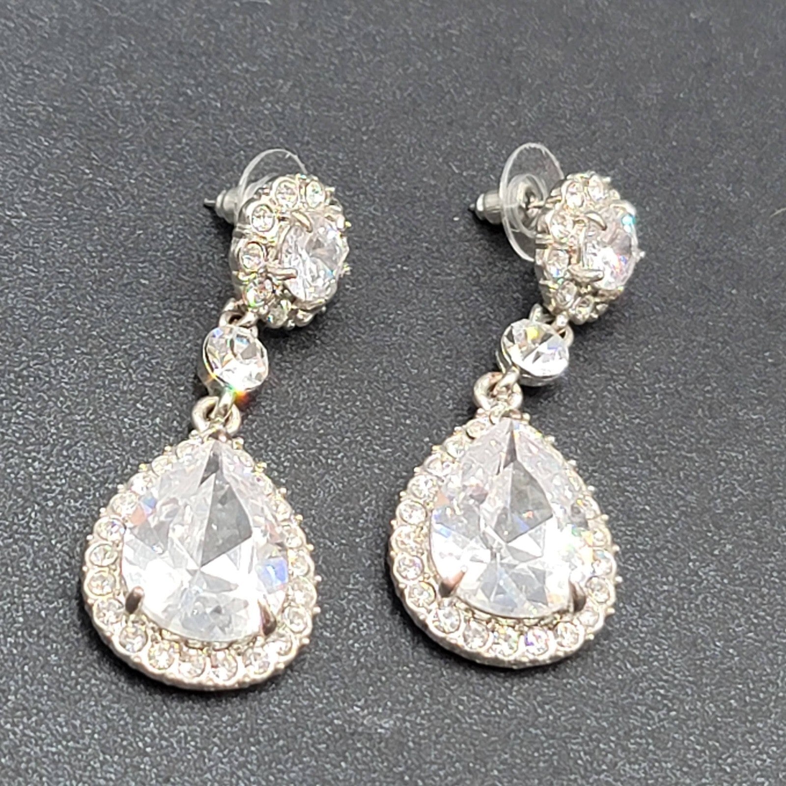 Pierced Earrings Silver tone Large Rhinestone Signed Wedding Prom Well Made 2"
