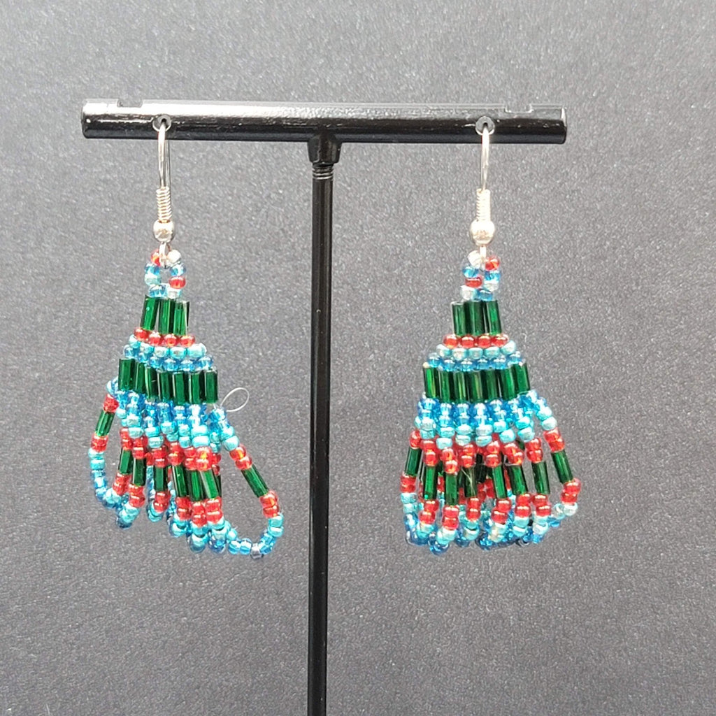 Vintage Pierced Earrings Silver tone Blues Purple Seed bead Dangle 1.5"