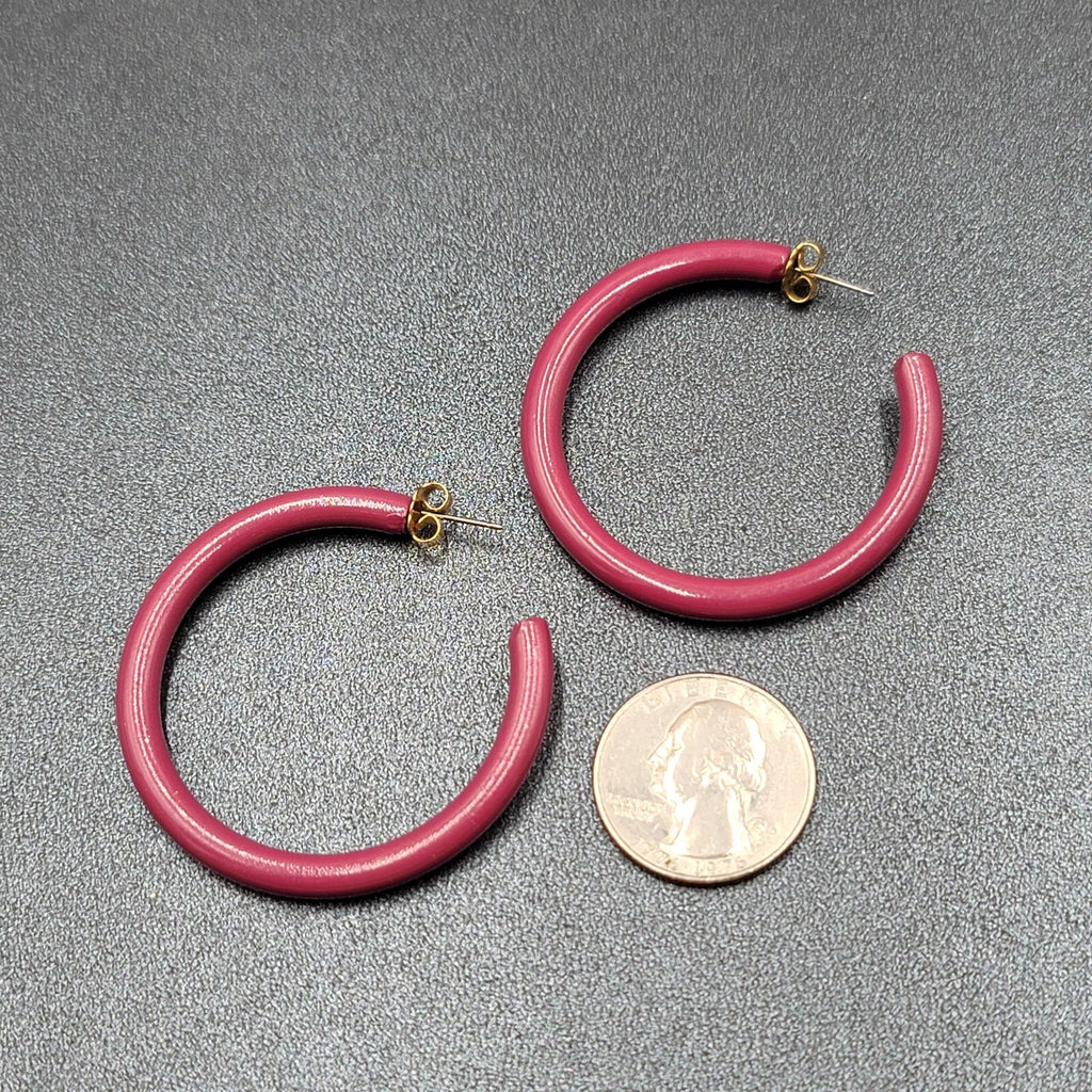 Vintage Pierced Earrings Purple Enamel Round Hoops  1 7/8"