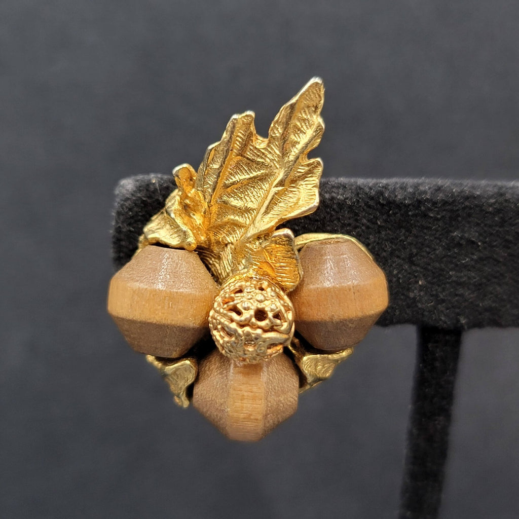 Vintage ART Clip on Earrings Gold Plated Wood Beads Leaf Design Climber 1.25"