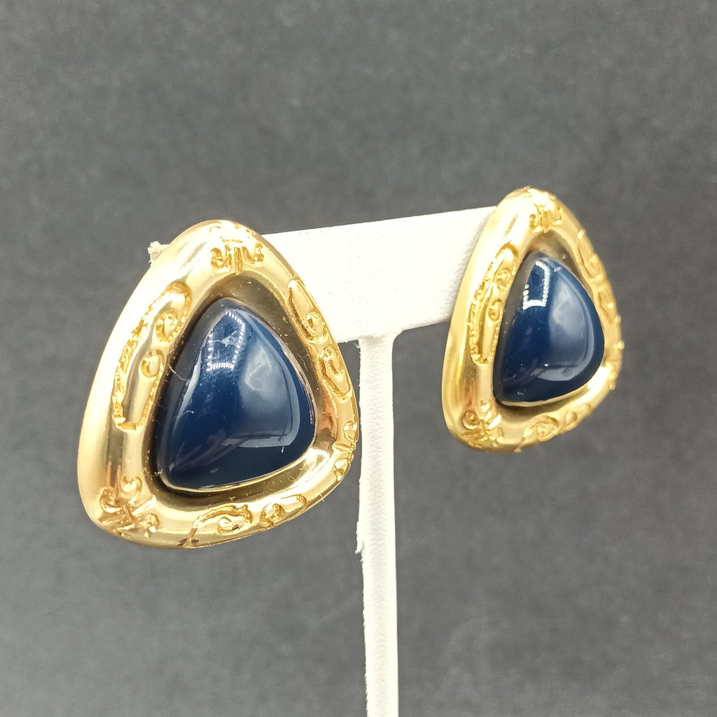 Vintage Clip on Earrings Gold tone Dark Blue Acrylic Soft Triangle Drop 1 3/8"