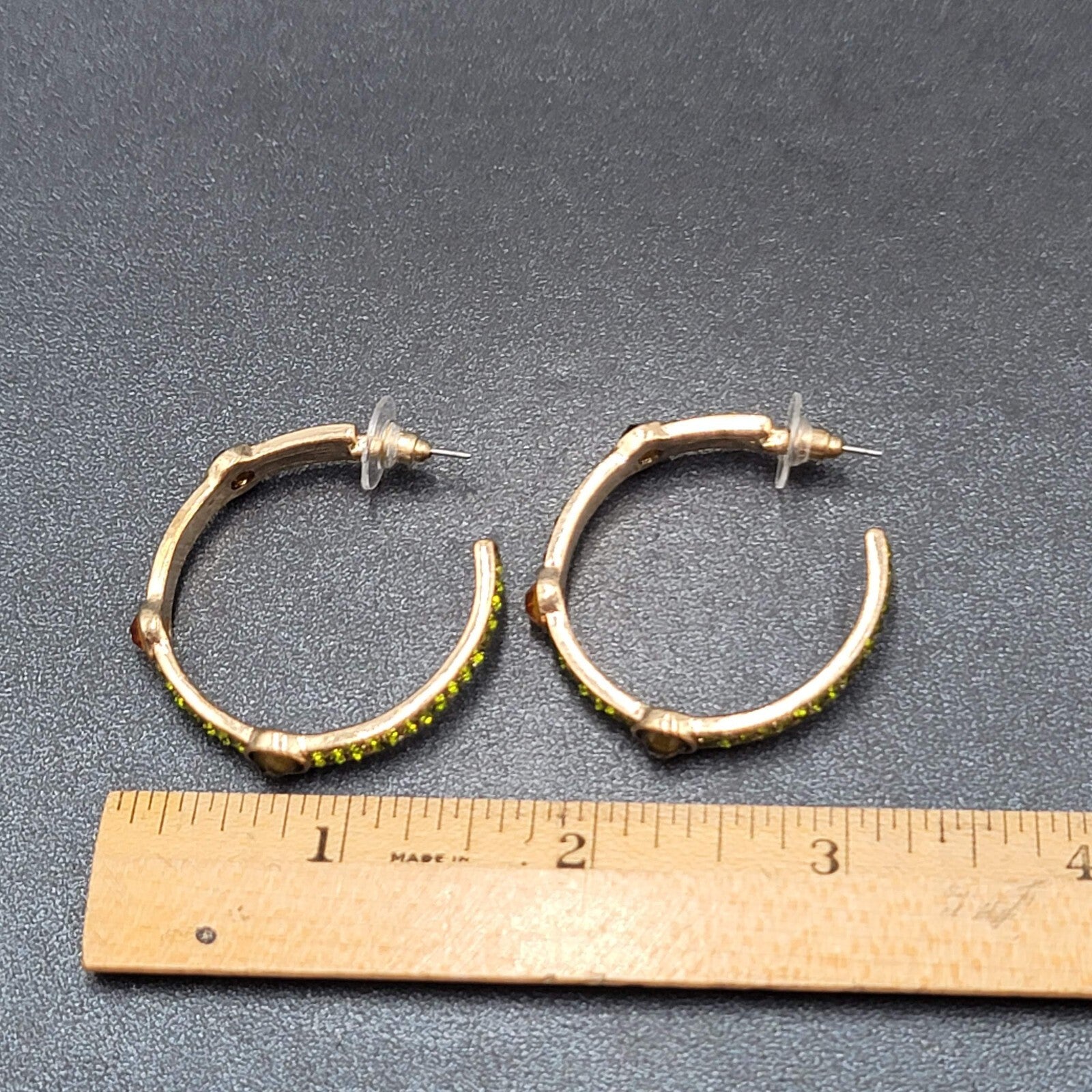 Pierced Earrings Gold tone Green Rhinestone Hoops 1 3/8"