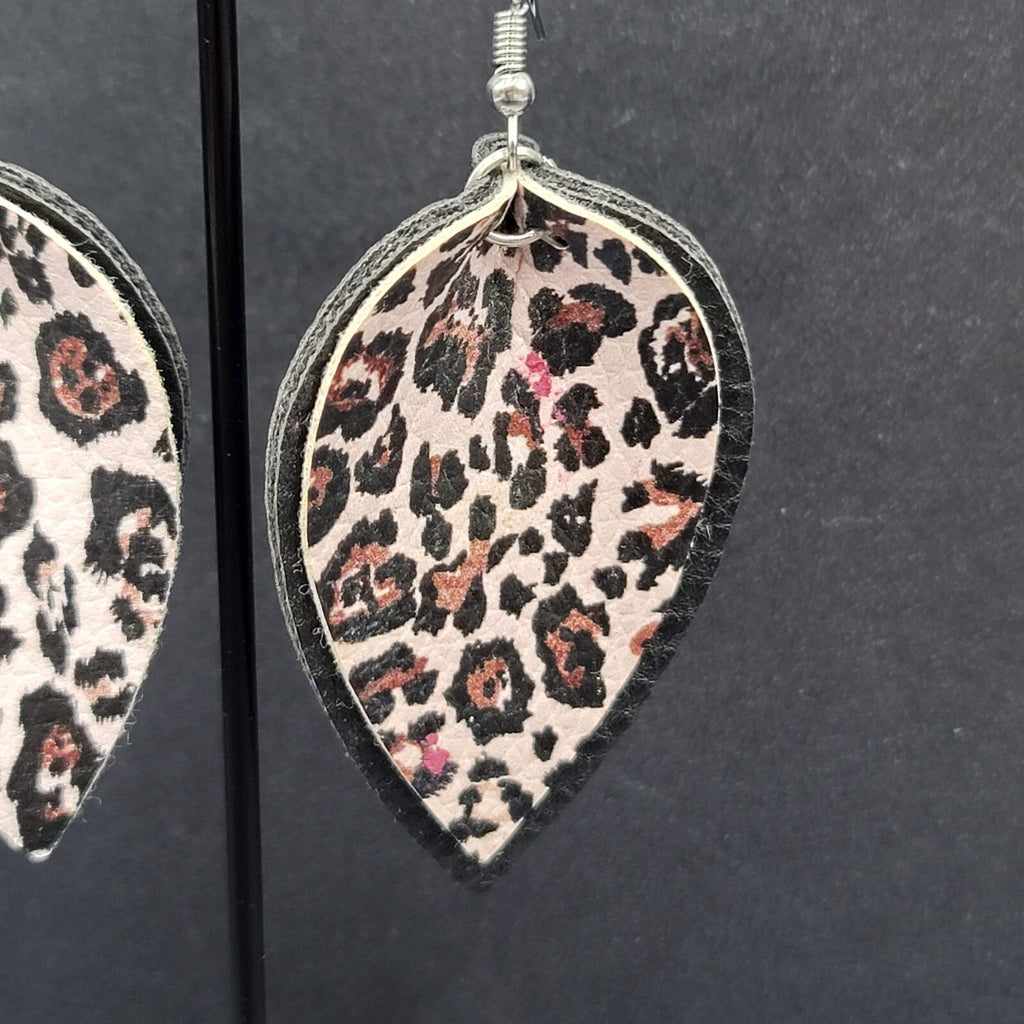 Pierced Earrings Faux Leather Leopard Print Layered Dangle 2.25"