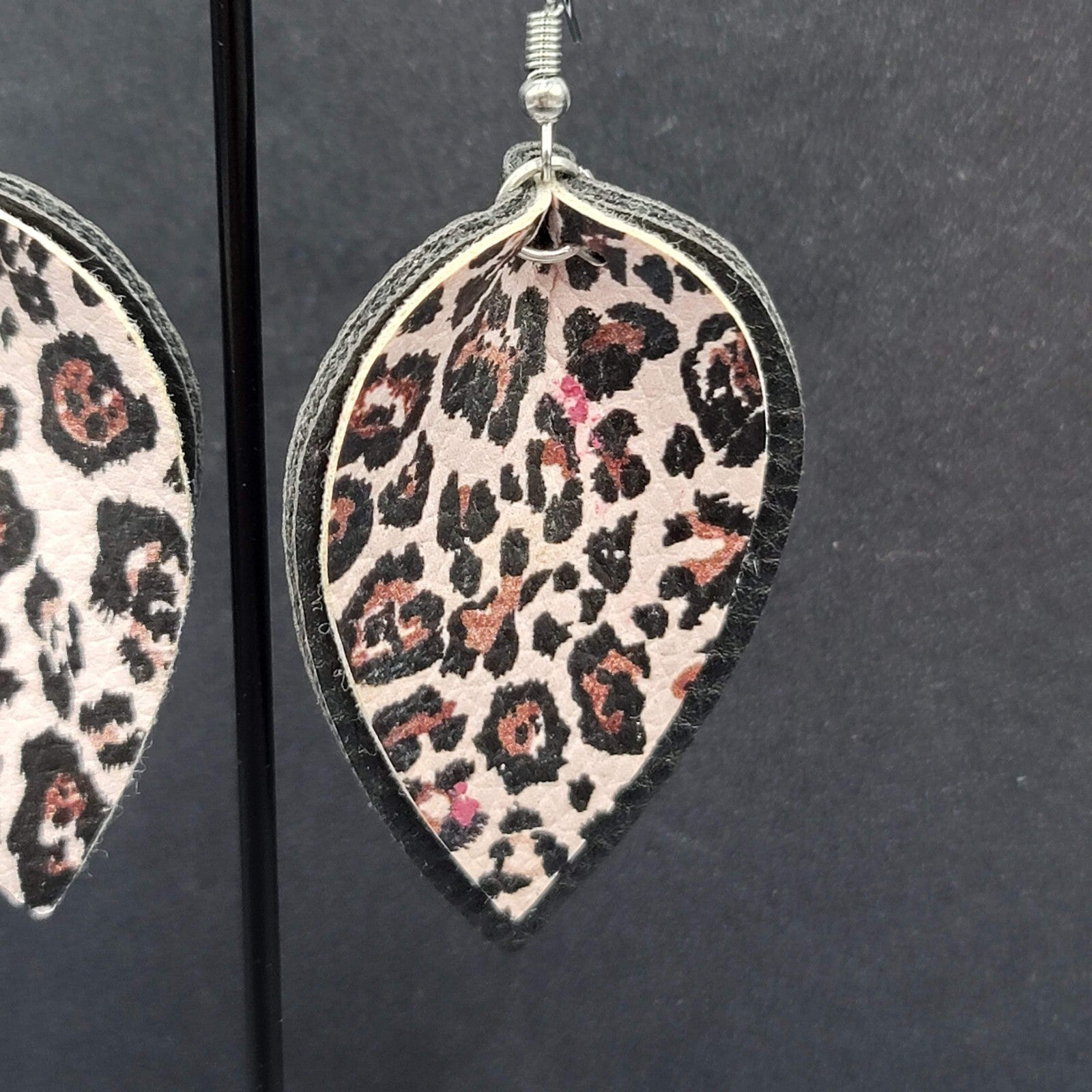 Pierced Earrings Faux Leather Leopard Print Layered Dangle 2.25"