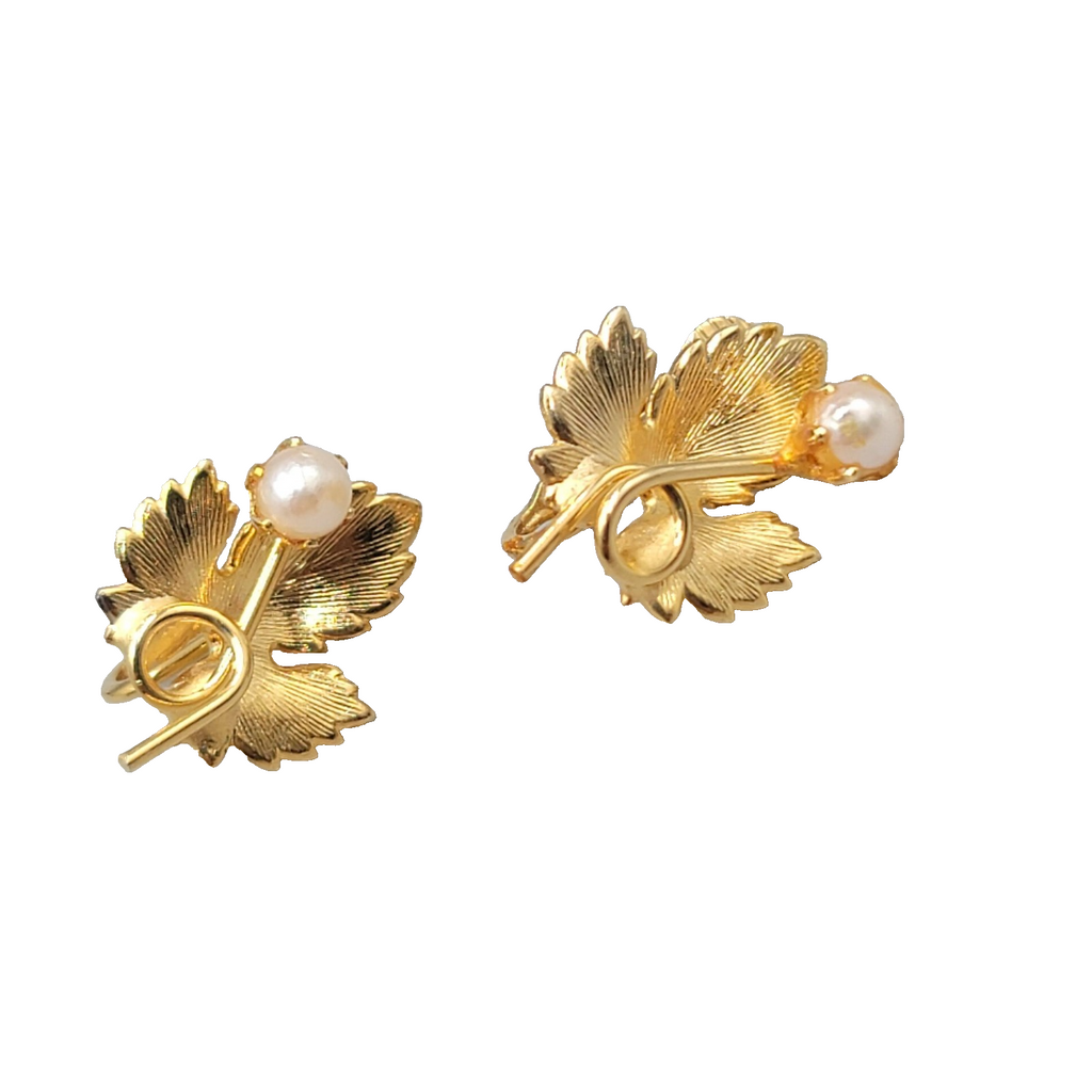 Vintage Leaf Clip on Earrings Gold Plated Faux Pearl Studs 3/4 in
