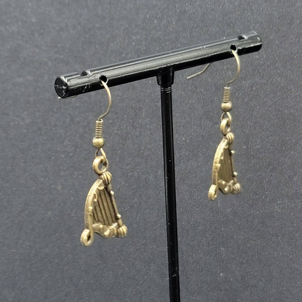 New Harp Pierced Earrings Bronze tone Embossed Dangle 7/8"