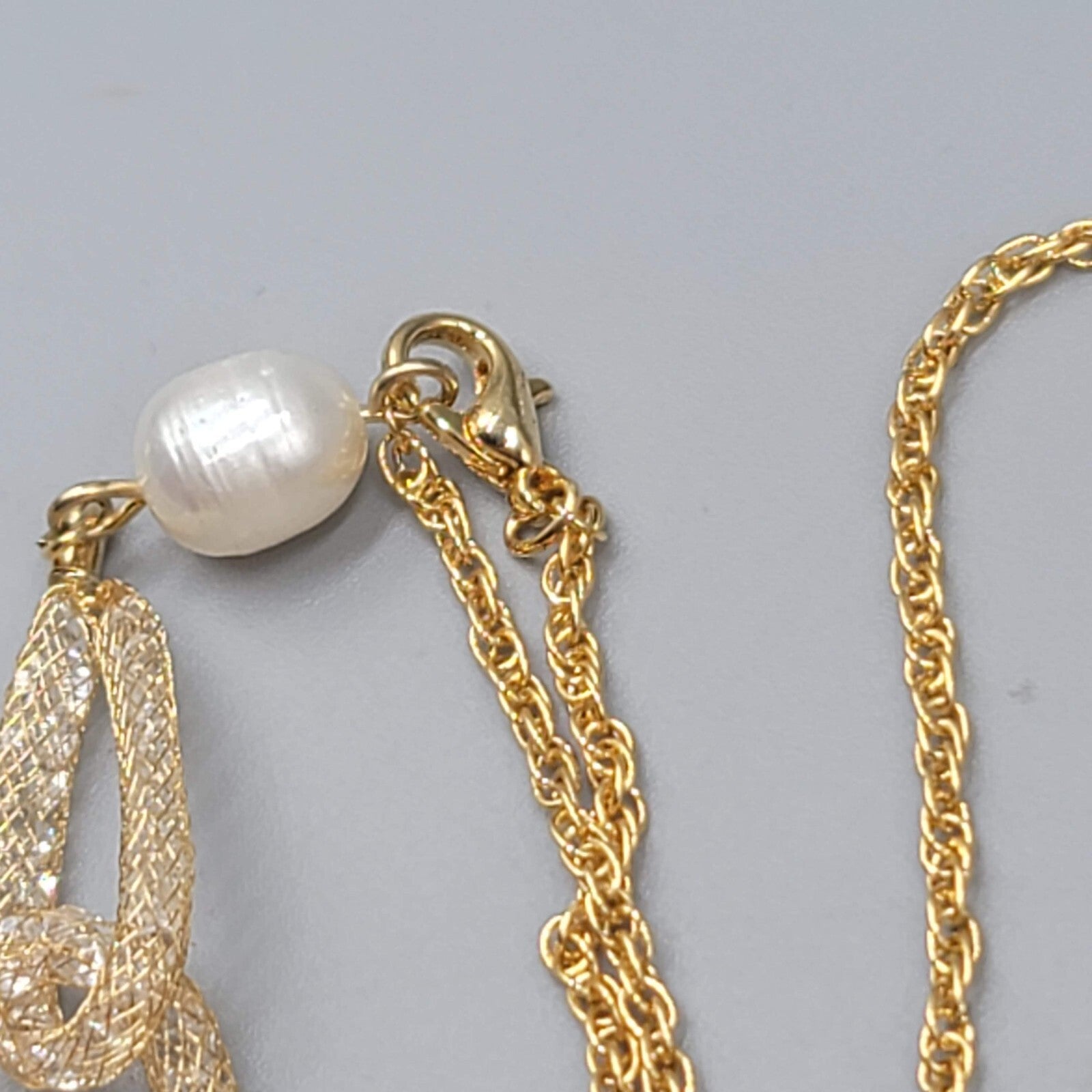 Long Dainty Pearl Necklace Gold Plated Mesh Clover Station 40"-42"