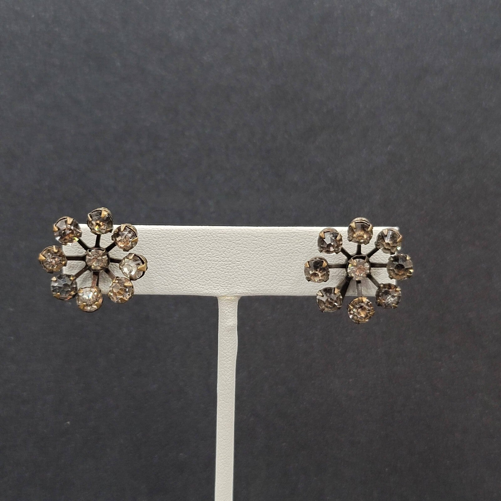 Vintage Clip on Earrings Screw Back Gray Rhinestones 3/4"