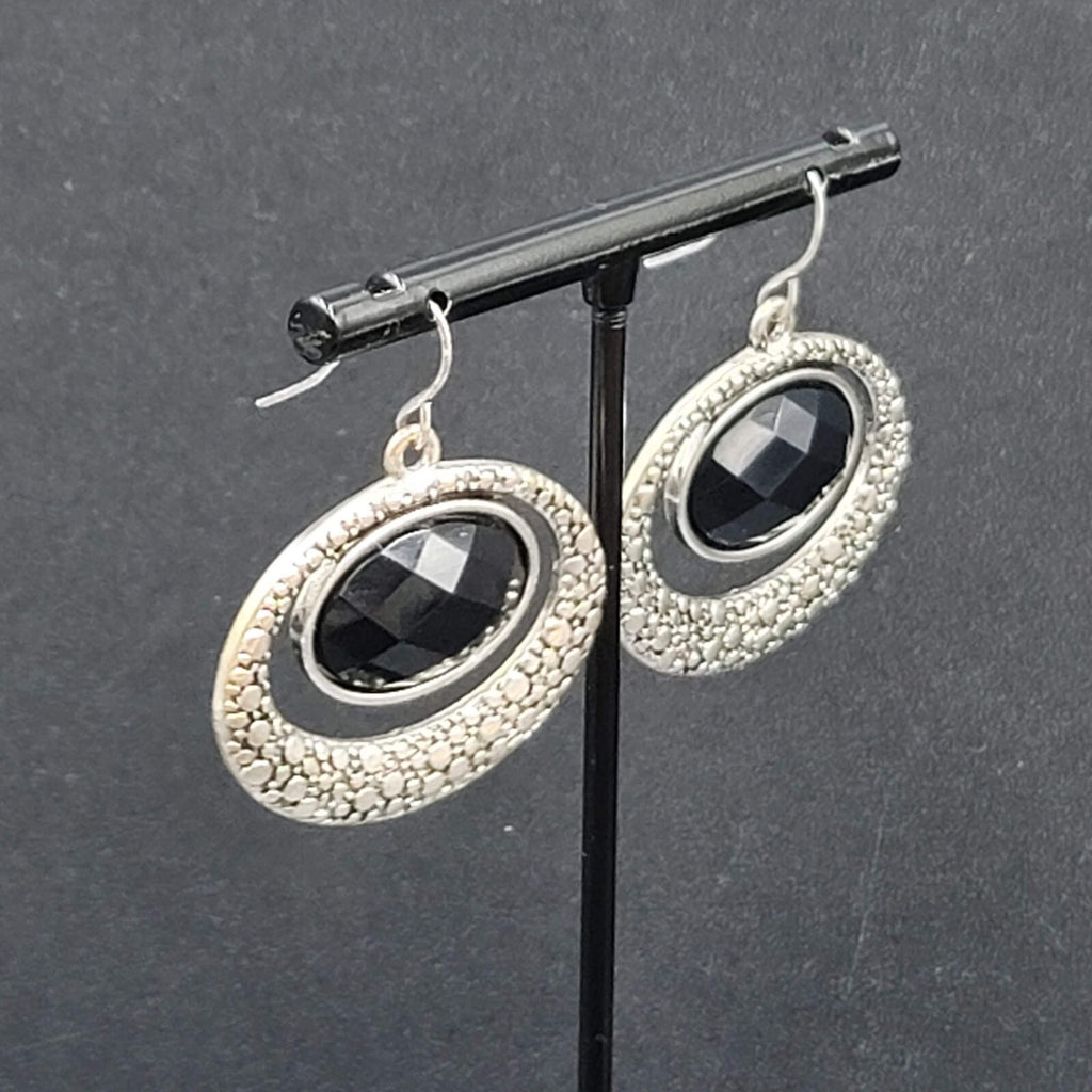 Pierced Earrings Silver tone Black Center Oval Dangle 1.25"