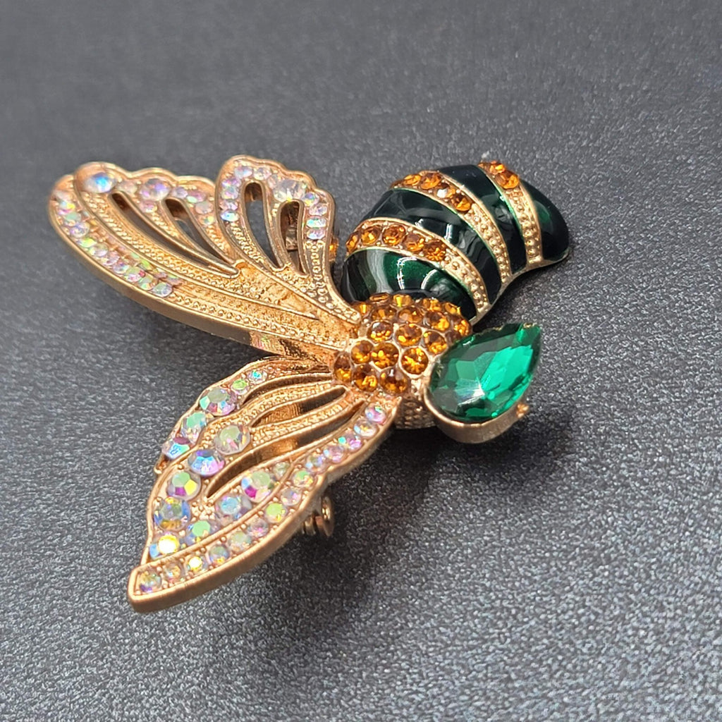Crystal Rhinestone Brooch Bee Green AB Black Enamel 2"