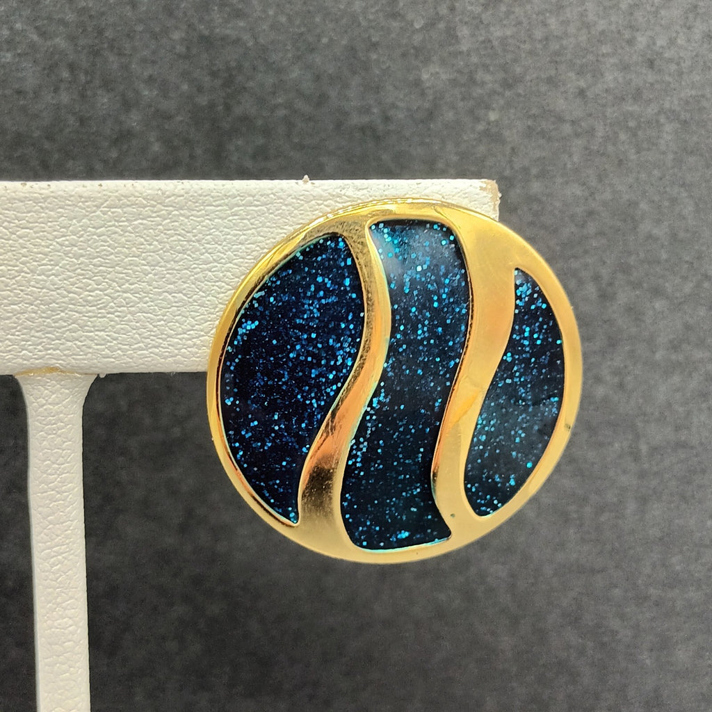 Vintage Pierced Earrings Polished Gold tone Blue Glitter Enamel Drop 1 1/8"